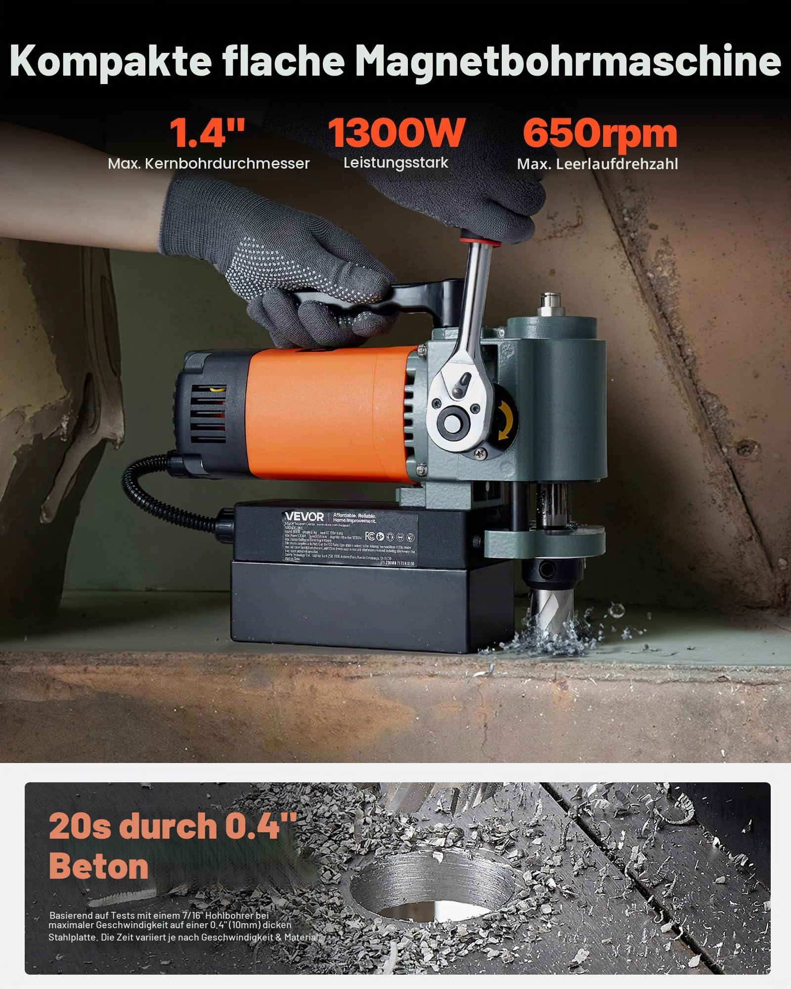 VEVOR Magnetbohrmaschine mit niedrigem Profil, 1300 W, 35 mm Bohrdurchmesser, 10000 N Leistung, tragbare Magnetbohrmaschine mit Weldon-Schaft, für Metalloberflächen Industrie Heimwerker
