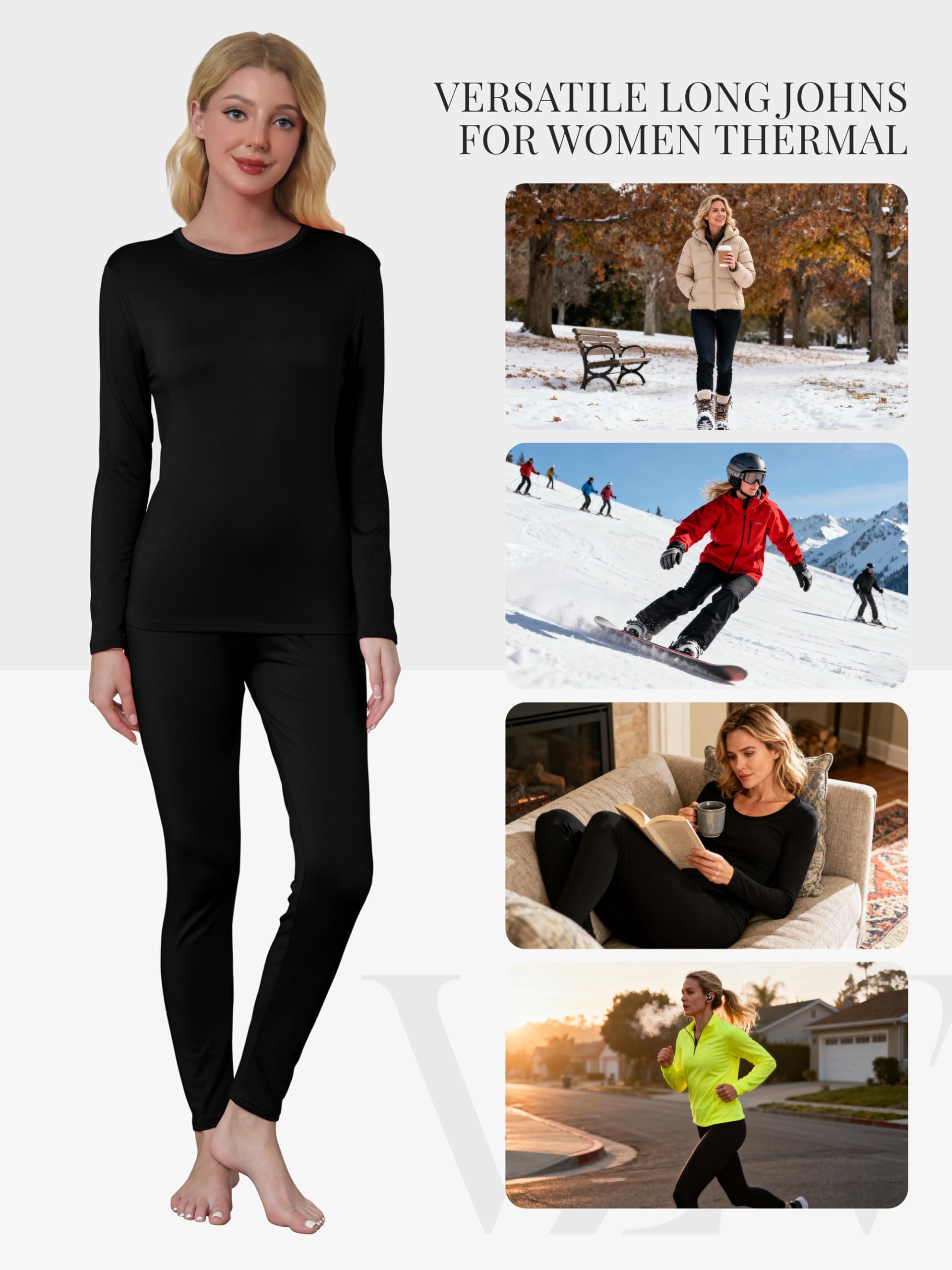 VZV 3 Set Thermal Underwear for Women, Long Sleeve Base Layer with Fleece Lined Women Thermals Top and Bottom Set