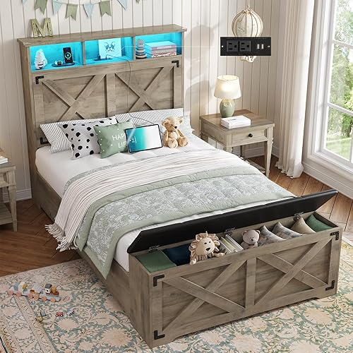 Farmhouse Twin Bed Frame with Storage Headboard and Charging Station