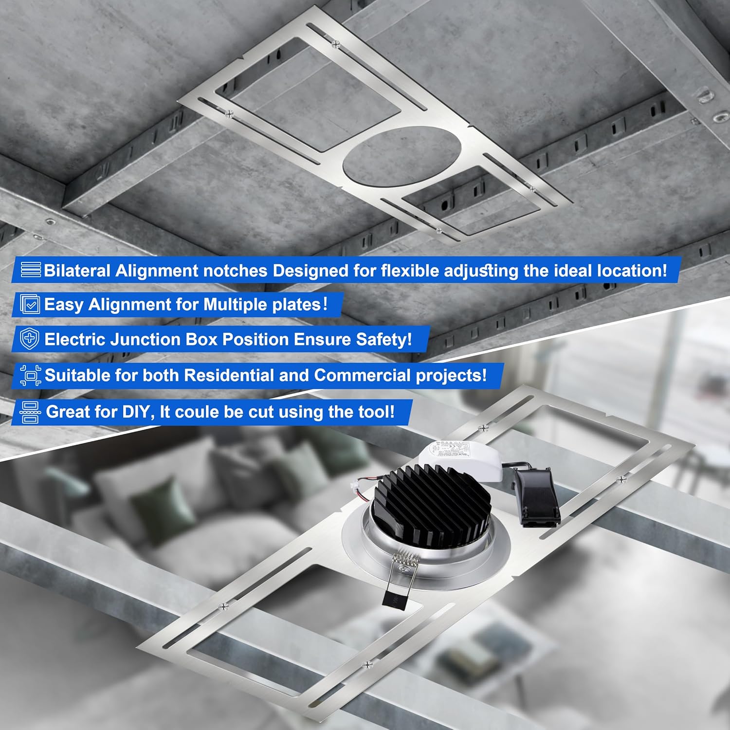 New Construction Mounting Plate, 6 Inch, LED Recessed Lighting Housing Kits for remodeling, Basement remodeling, Hanging Ceiling and LED Lighting, Shallow Recessed Lighting Housing Plate,10PC