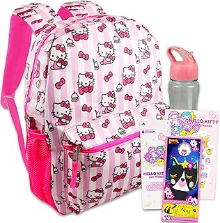 Hello Kitty Backpack for Boys Girls Kids - 6 Pc Bundle with 16 Hello Kitty School Backpack Bag, Water Bottle, Stickers, and Hello Kitty travel bag