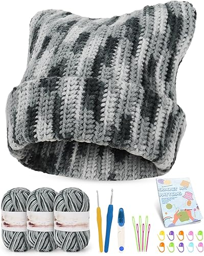 Aeelike Kit de ganchillo de sombrero, kit de ganchillo para principiantes y adultos aprenden a tejer sombrero con hilos suaves, ganchos de ganchillo