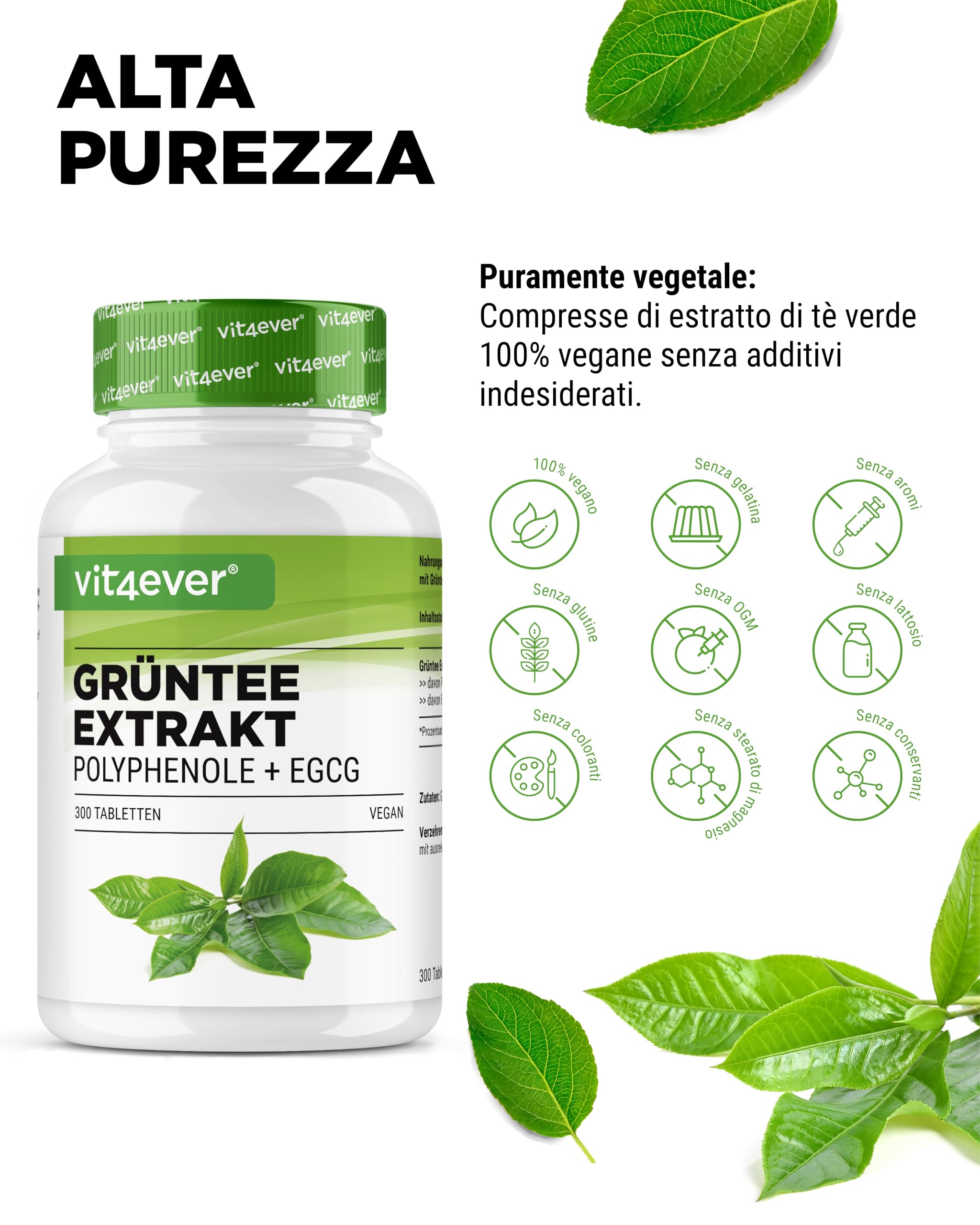 Estratto di tè verde 300 compresse ad alto dosaggio - 2000 mg di estratto di tè verde, 300 mg di EGCG e 1100 mg di polifenoli per dose giornaliera - Tè verde - Vegan