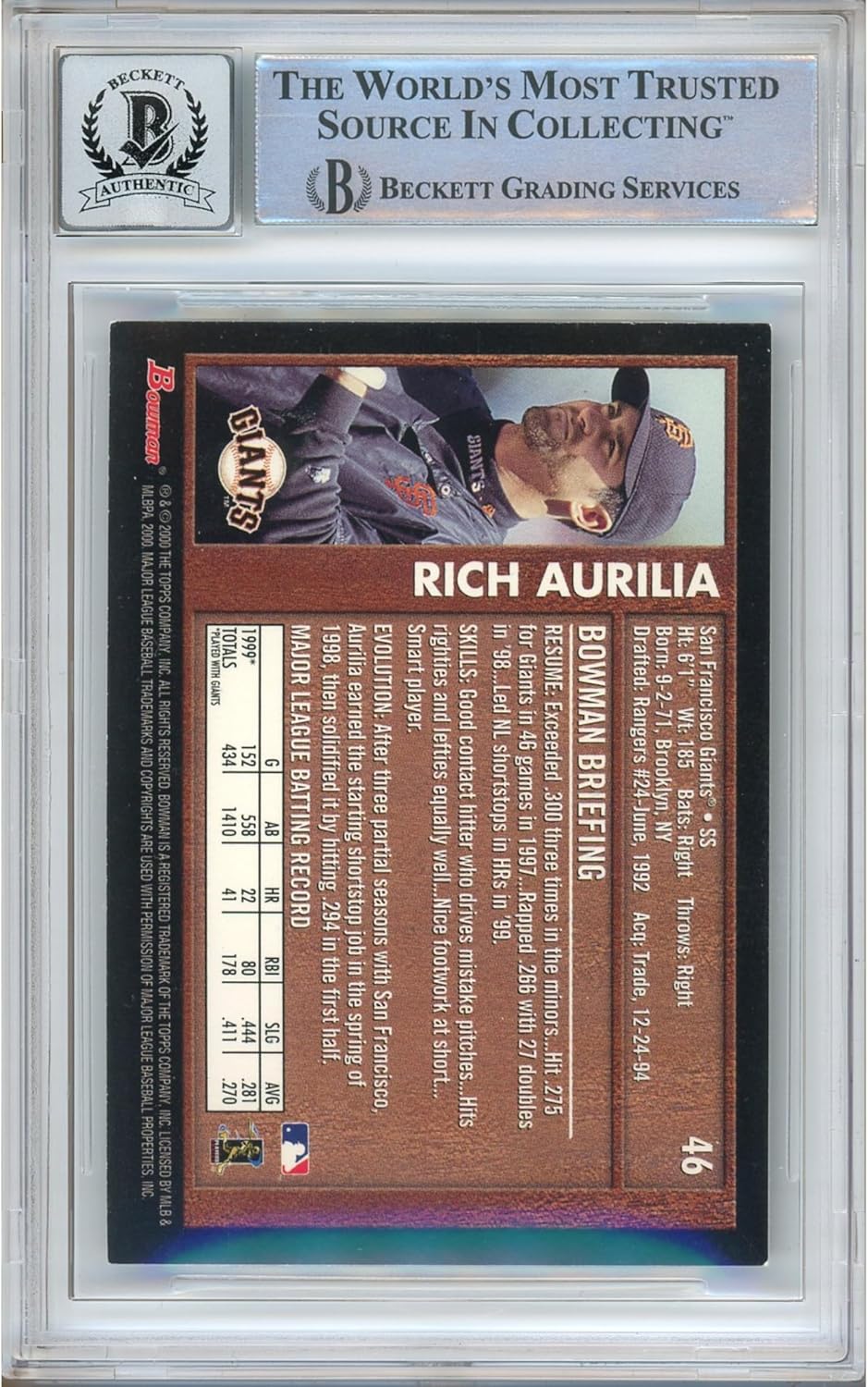 Rich Aurilia Autographed 2000 Bowman Retro Future #46 Baseball Trading Card Beckett BGS Auto 10 Graded BAS Authentic Slabbed COA Played For San Francisco Giants MLB