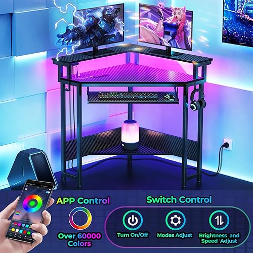 Miniatura 4 de Rolanstar Escritorio esquinero, 44.5 pulgadas de ancho x 34.5 pulgadas de alto, escritorio de computadora de fibra de carbono con tomas de