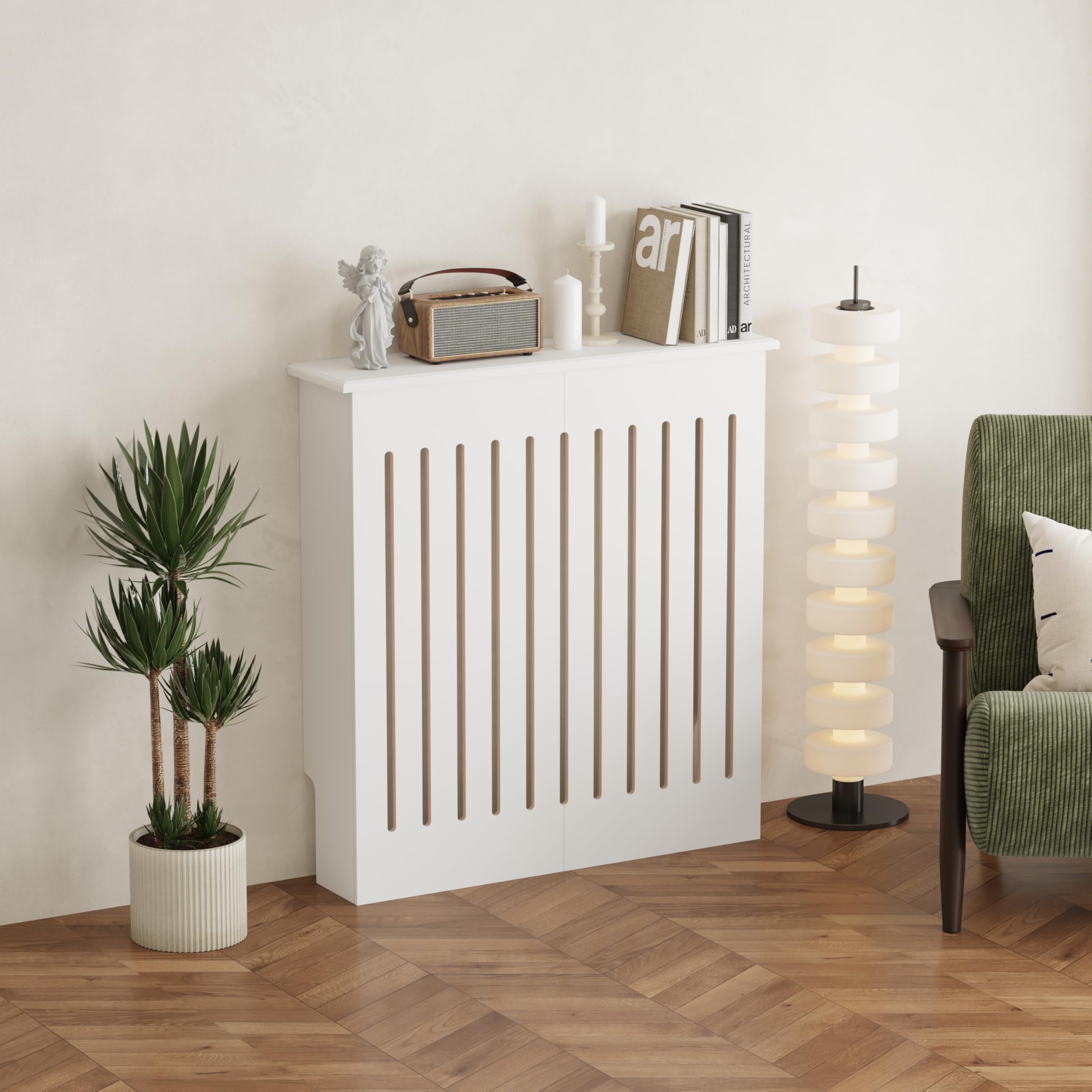 AVC Designs Radiator Cover Modern Stylish MDF Wood White Black Vertical Slat Living Room Bedroom Hallway Cabinet (White Small)