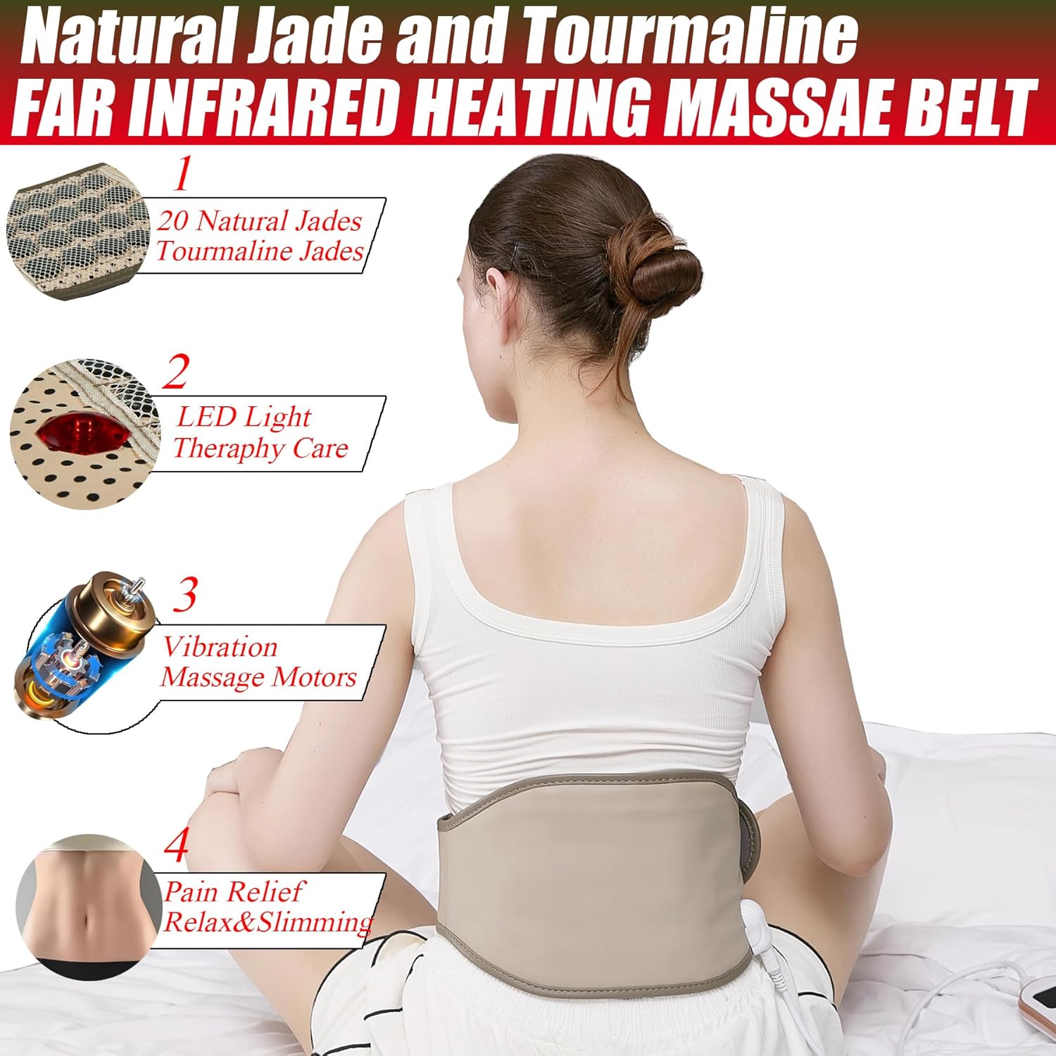 20 Natural Jades and Tourmaline Heat Vibration Far Infrared Heating Pad for Back Pain Relief Lower Back Massager Electric Belt Abdomen Belly Waist 7 Heat 10 Massage Levels, Gifts for Men, Women - Image 2