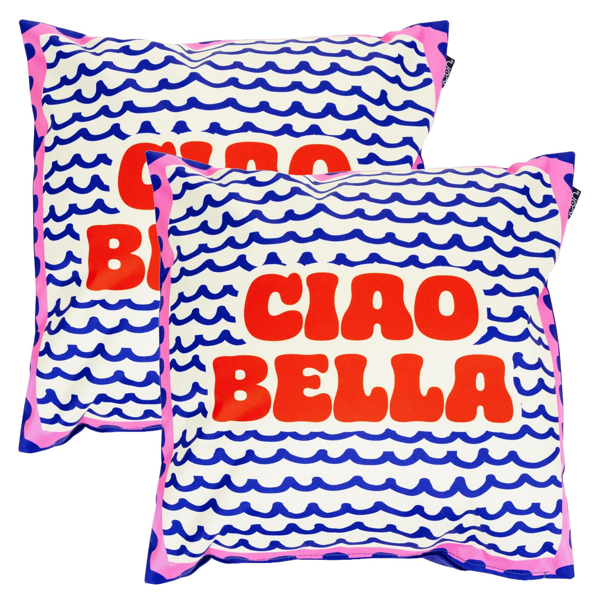 icon Indoor Outdoor Cushions Filled, Italian Collection, Ciao Bella Print, Set of 2, 43cm x 43cm, Water Resistant, Blue Outdoor Cushions for Garden Furniture, Lounge, Garden, Patio