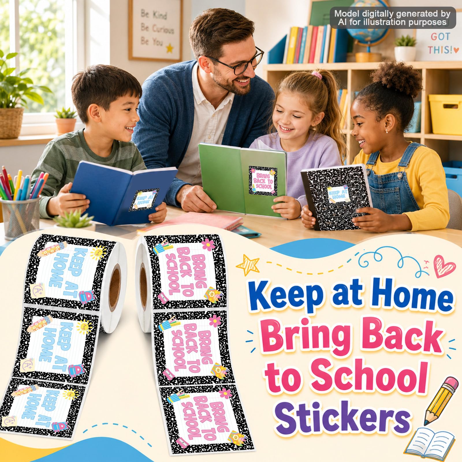 Keep at Home Bring Back to School, 1000 sztuk, naklejki na notatnik, etykiety dla nauczycieli, do szkoły, biura, dekoracji