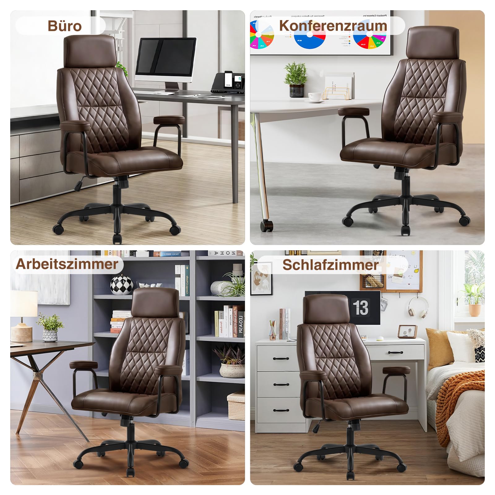 Bürostuhl Ergonomisch, Schreibtischstuhl mit Verstellbarer Kopfstütze, PU Leder Chefsessel mit Gepolsterter Armlehnen und Höhenverstellbar, Neigefunktion, Drehstuhl, Dunkelbraun