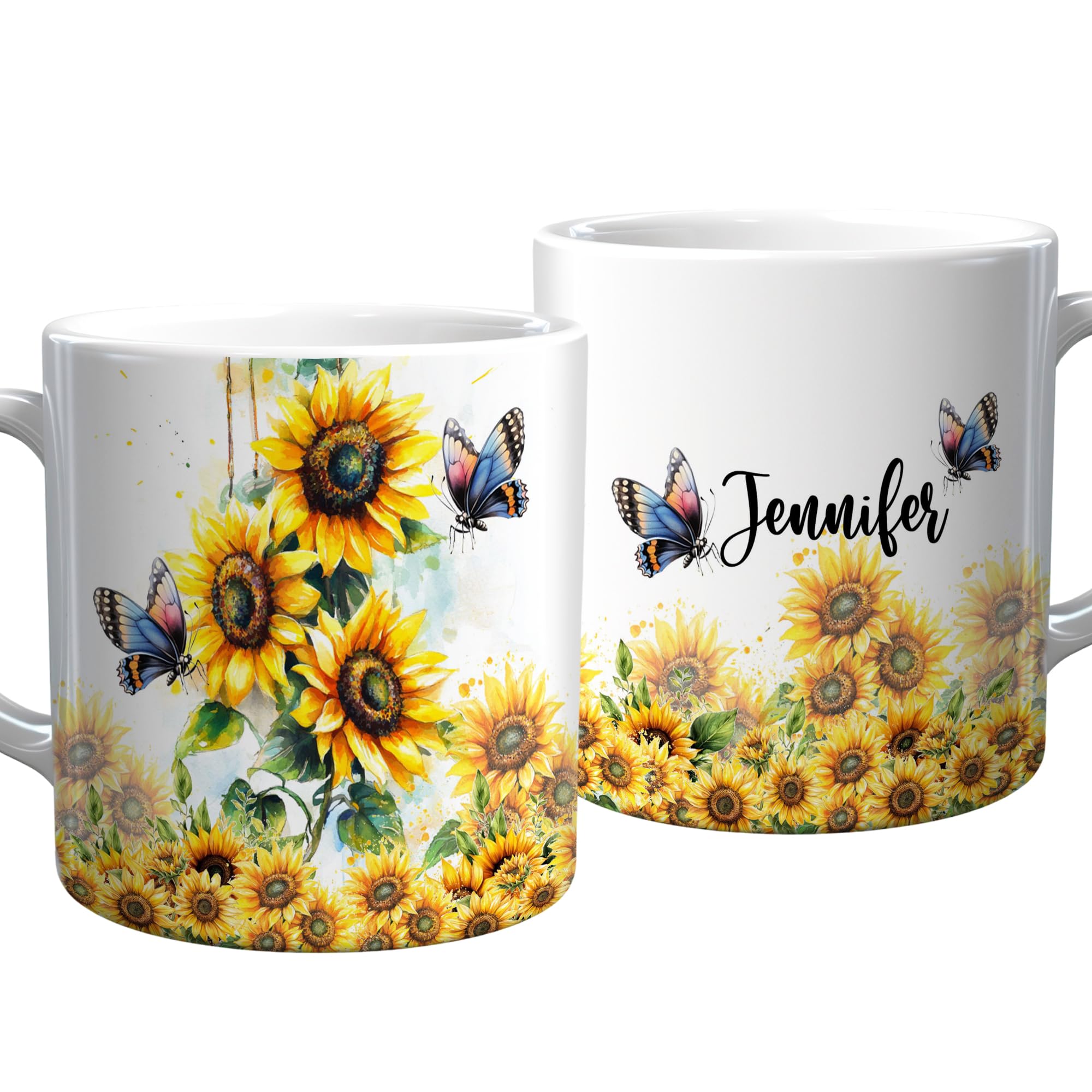 Personalized Sunflower Coffee Mug 11oz 15oz Custom Name Cup Floral Butterfly Ceramic Mugs Drinking Tea Cups for Women Mom Girls Nature Lover Gift