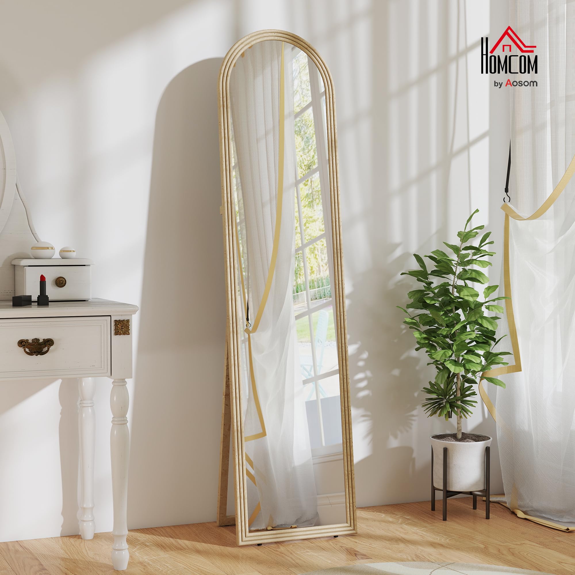 HOMCOM Specchio da Terra Moderno a Figura Intera, 40x160 cm Specchio da Parete e Autoportante ad Arco con Cavalletto Effetto Pietra, per Camera da Letto, Soggiorno e Ingresso, Beige