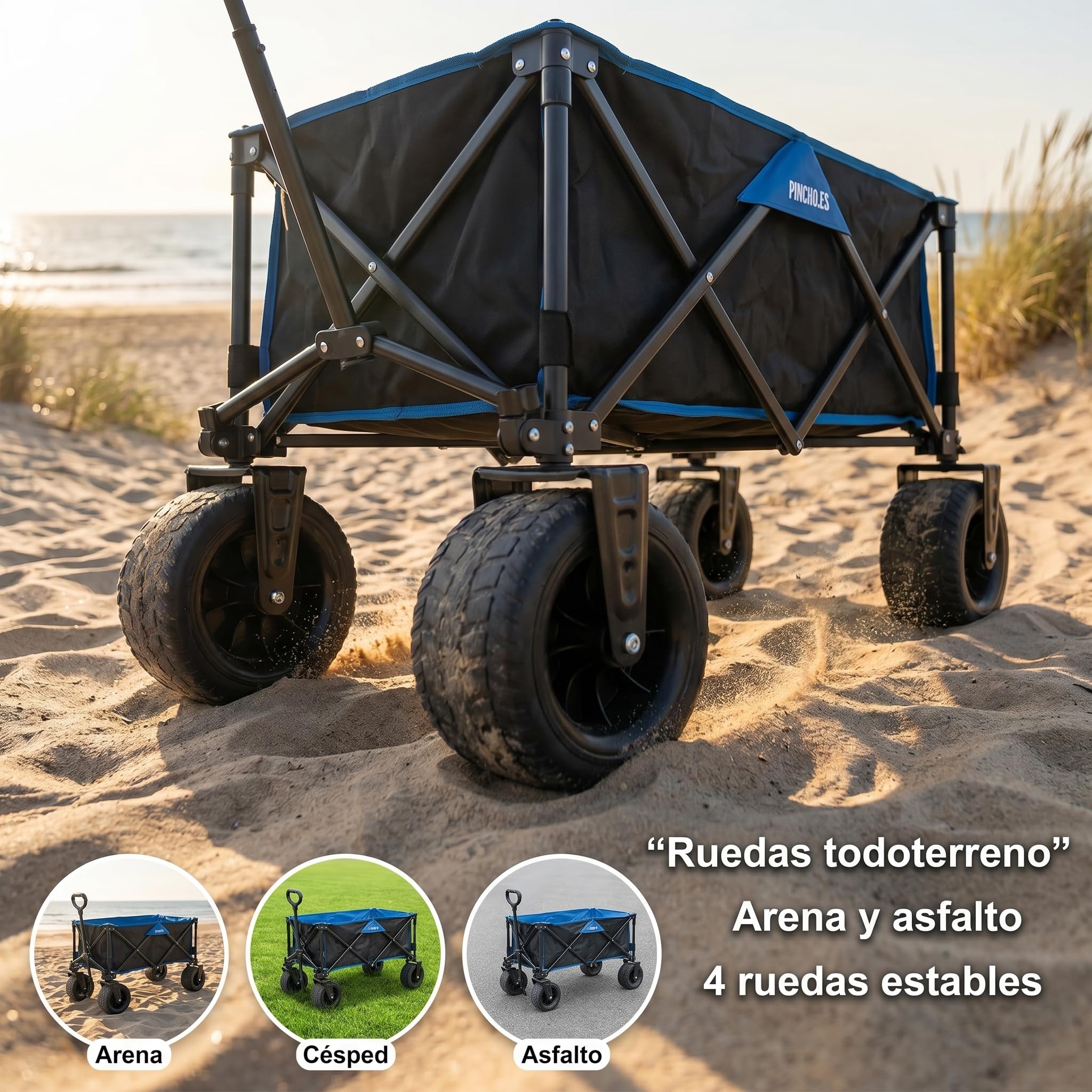 Carro Playa Plegable - PINCHO - Carrito De Playa Plegable, Carro Transporte Plegable con Asa Telescópica, Carretilla Plegable con Ruedas y Frenos - 4 Ruedas, Carga 55 kg, Plegado Compacto, Bolsillo