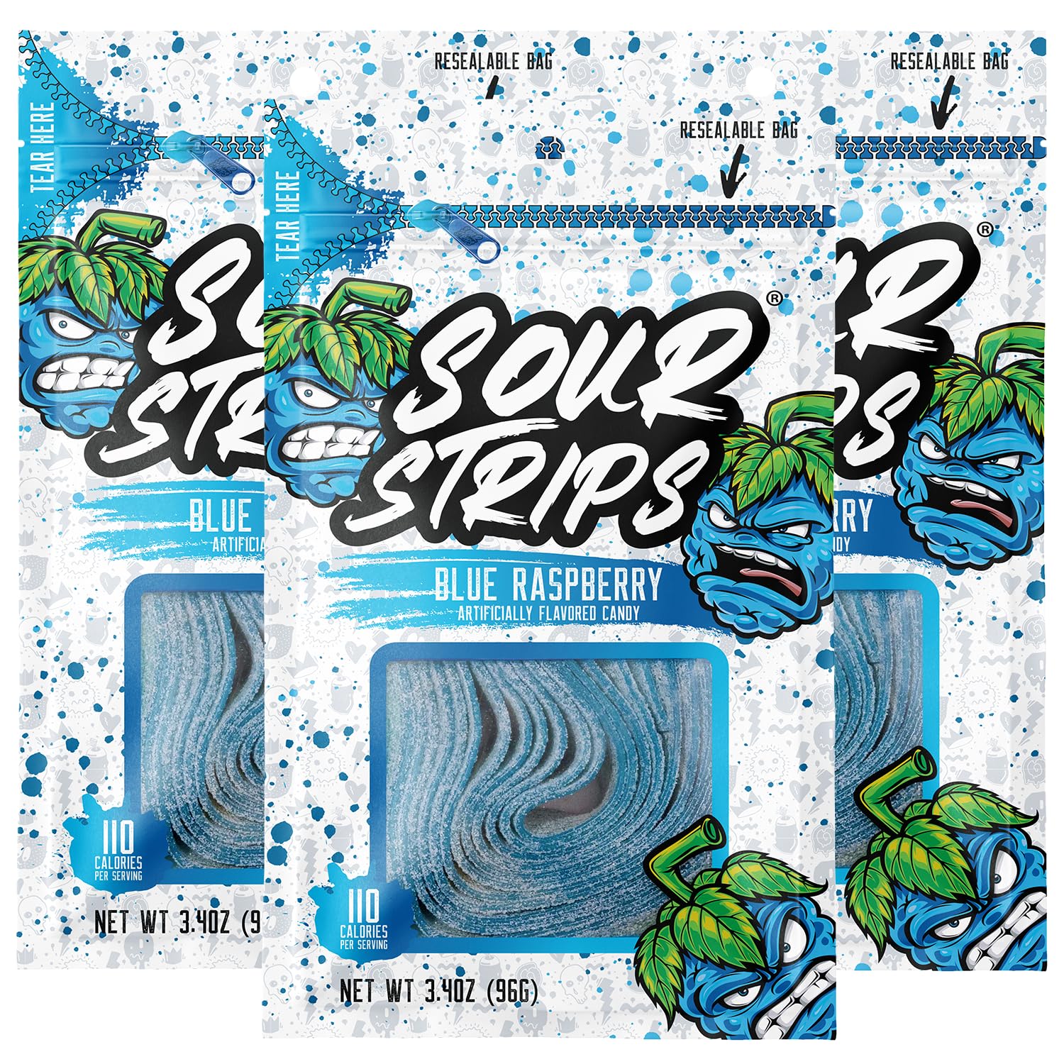 Sour Strips Sour Candy Belts, Blue Raspberry, Resealable Candy Bags, 3.4 Ounce (Pack of 3)