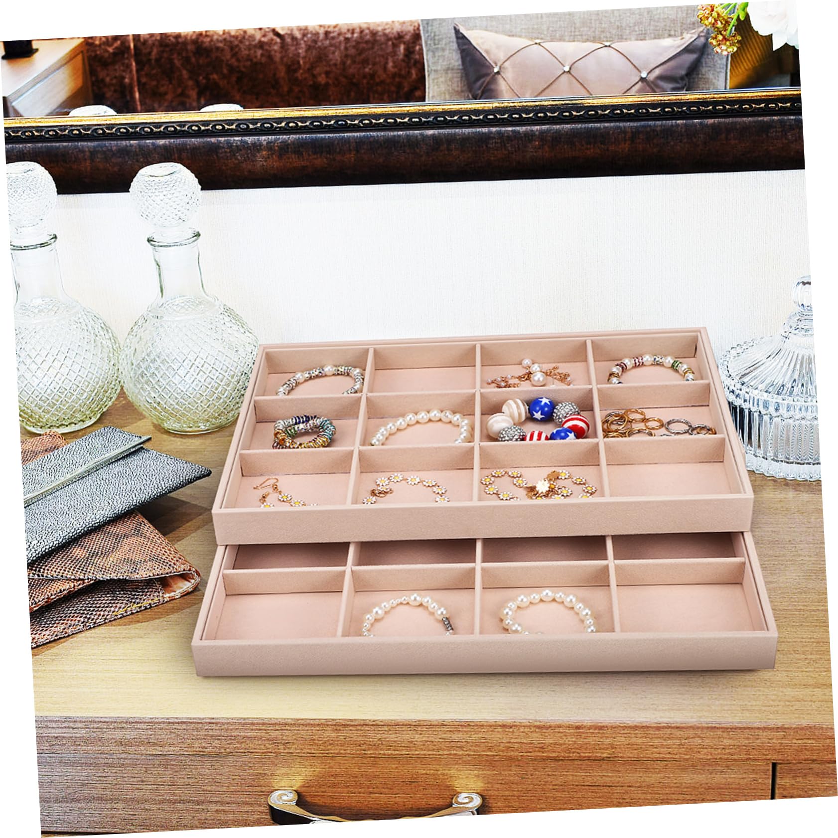 COLLBATH Bandejas para Joyas Terciopelo 12 Compartimentos Organizador de Joyería para Collares y Anillos Uso Personal y Exhibición 2 Unidades Apilables