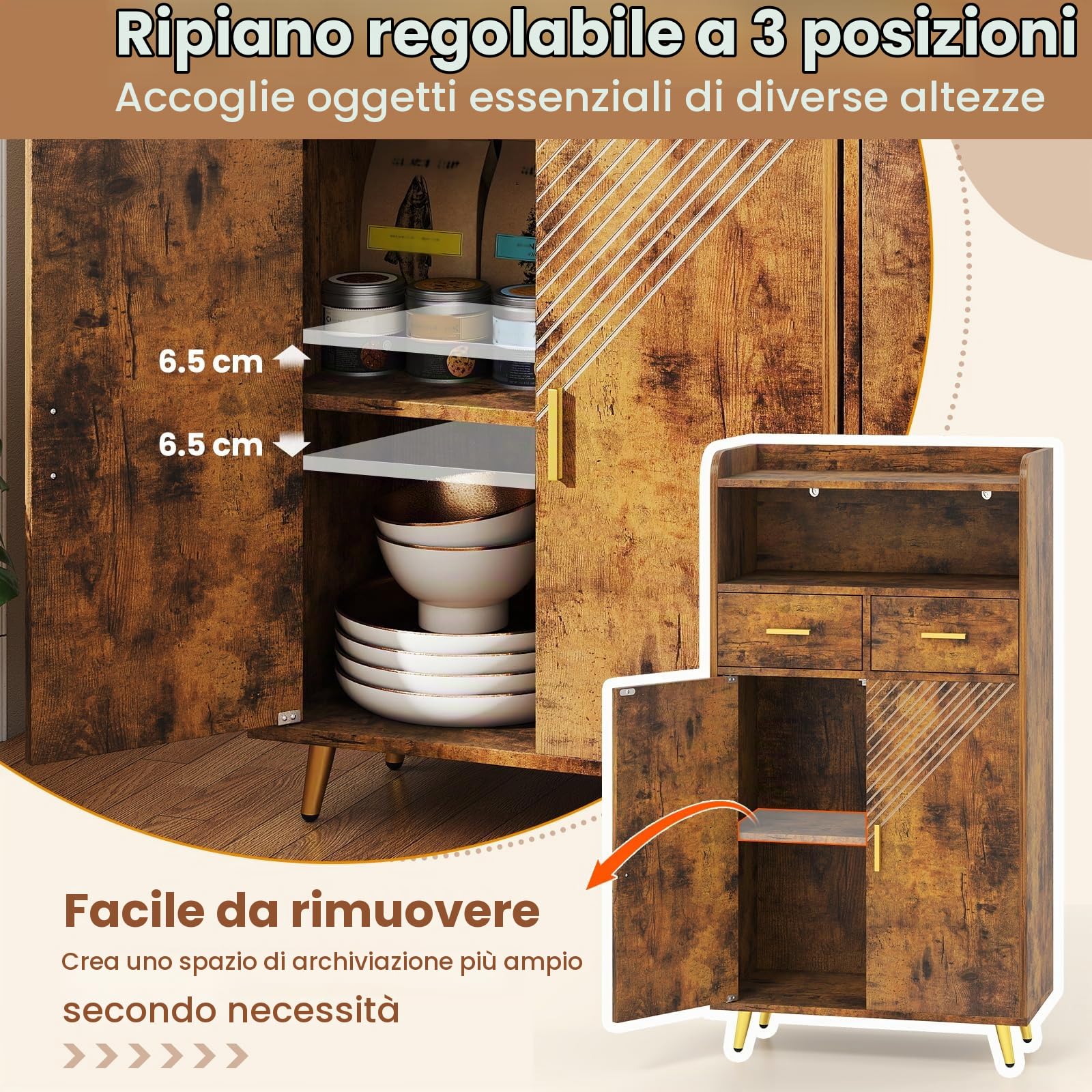 GIANTEX Credenza Cucina, Piano Superiore con Bordo Anticaduta, Scomparto Aperto, 2 Cassetti e Armadietto a Doppia Anta, Mobile Moderno con 2 Antiribaltamento per Soggiorno e Ingresso (Marrone)