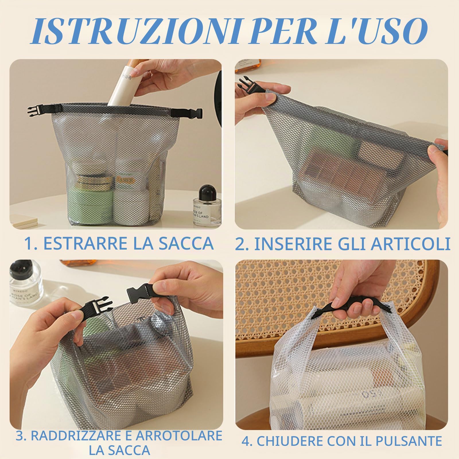 Borsa da Toilette Trasparente, Beauty Case da Viaggio Impermeabile, Pochette Cosmetica Portatile, Borsa Doccia in Rete con Manico per Campeggio, Nuoto, Palestra, Viaggio, Bagno