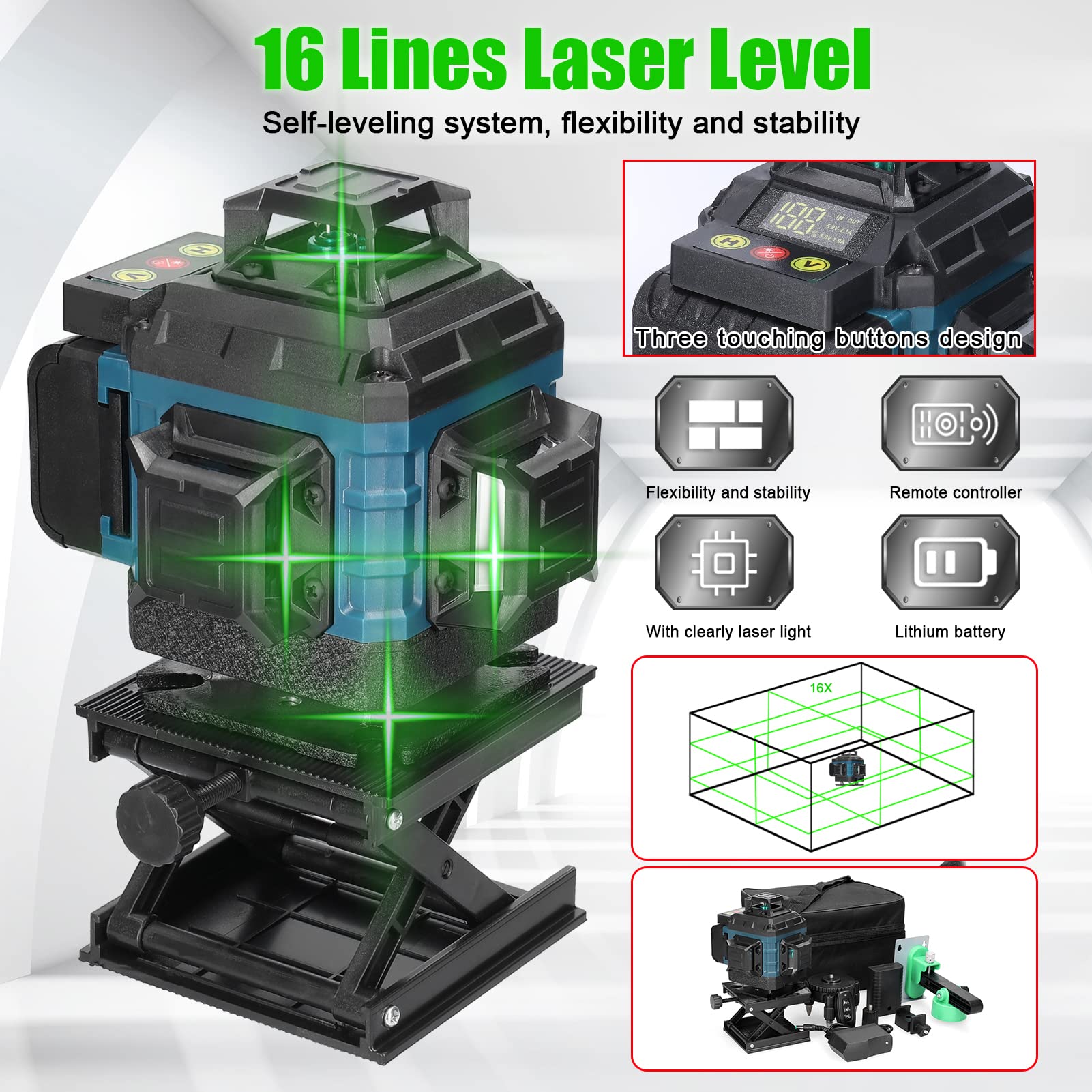 Livello laser 360° 4D 16 linee di auto-livellamento del livello laser verde rotante | IP54 impermeabile | 2 batterie da 2400 mAh ricaricabili | telecomando | livello laser 360