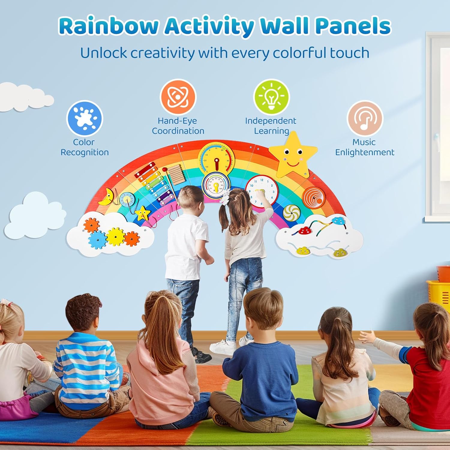 Joyibay Rainbow Sensory Wall Panel,Wooden Montessori Busy Board with 9 Activities for Toddlers 1-3, Educational Sensory Toys for Daycares, Preschool, Bedrooms