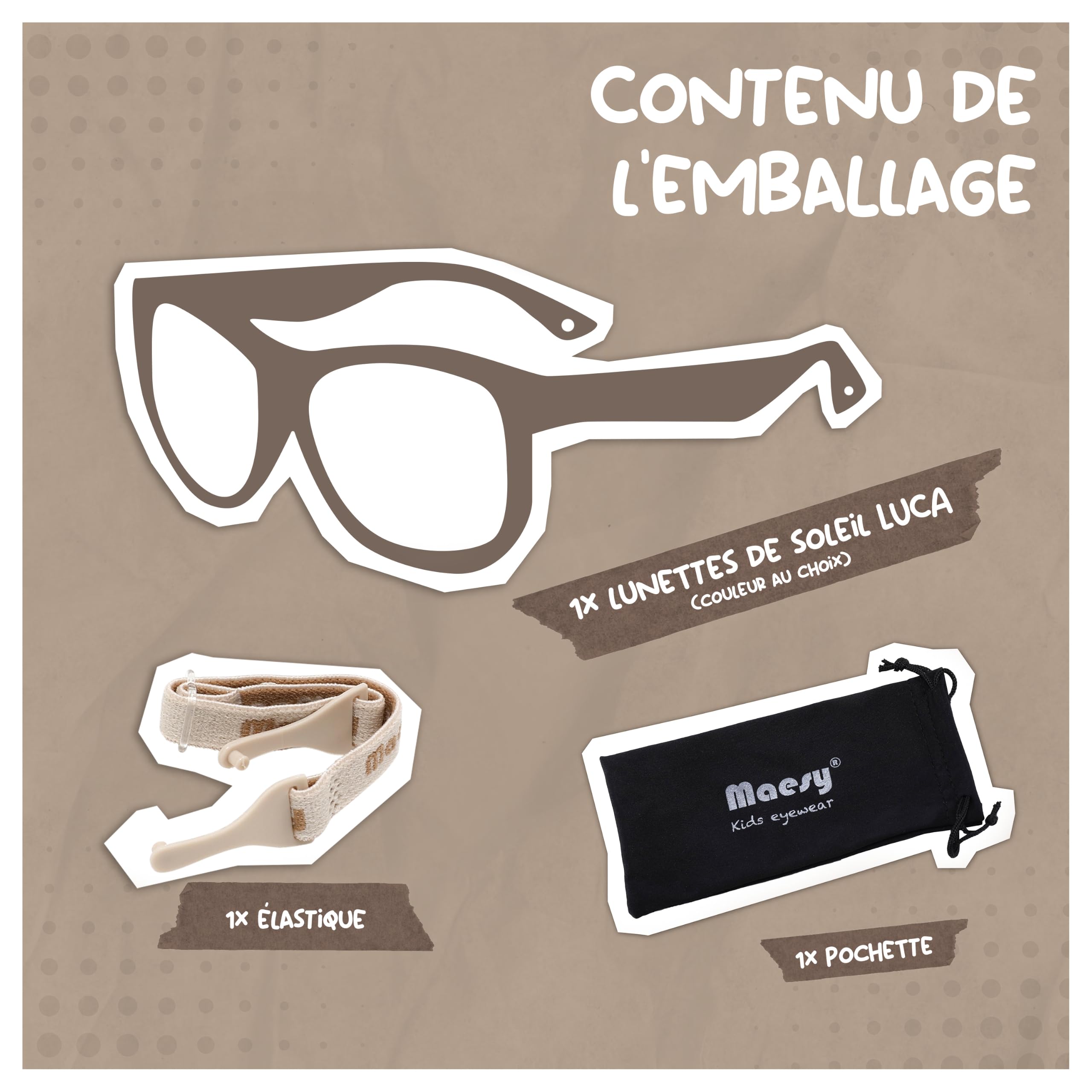 Lunettes de Soleil Bébé et Tout-Petit - 1-3 Ans - Protection UV400 Polarisée - Cadre Flexible et Pliable - Bande Élastique Réglable - Lunettes de Soleil Sûres et Confortables - Luca