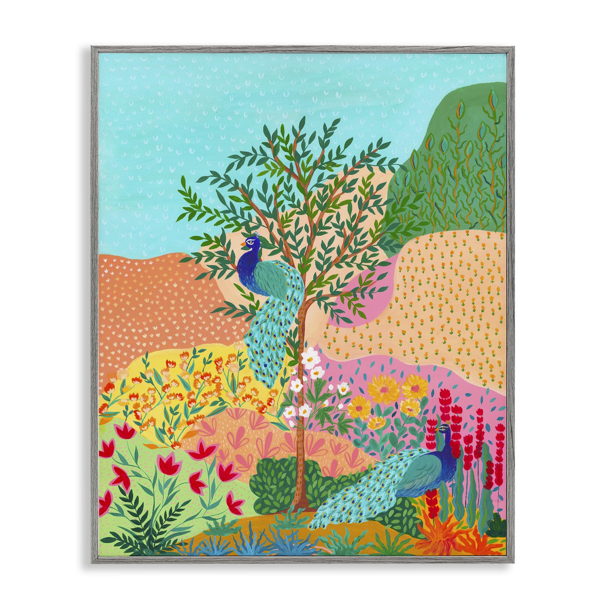 Stupell Industries 'Peacocks in Dotted Meadow', Framed Giclee Art, Gray, 24 x 30 Inches, Easy to Hang and Sturdy, Made in USA, by Nabeela Rumi