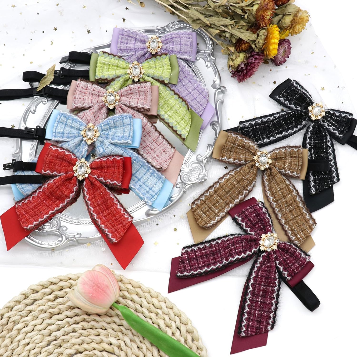 Plaid Bow Tie for Women with Rhinestone for Work Party Performance | Polyester Fabric, Plaid Texture, Center Rhinestone Ornament, Adjustable Buckle Strap, Chic Style, for Banquet, Commute, Daily