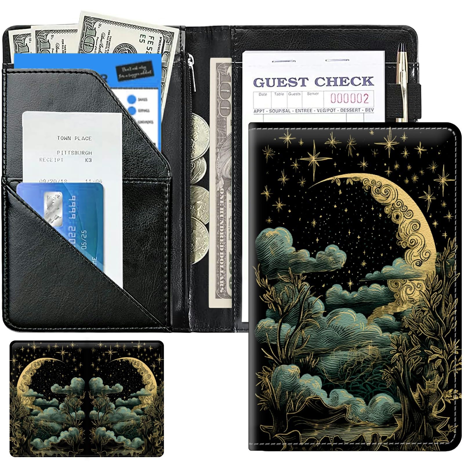 Starry Moon Cute Server Books for Waitress, Leather Waiter Book Server Wallet with Zipper Money Pocket, 5 * 8 Waitress Ticket Book Holder Restaurant Waitstaff Organizer with Pen Holder Fit