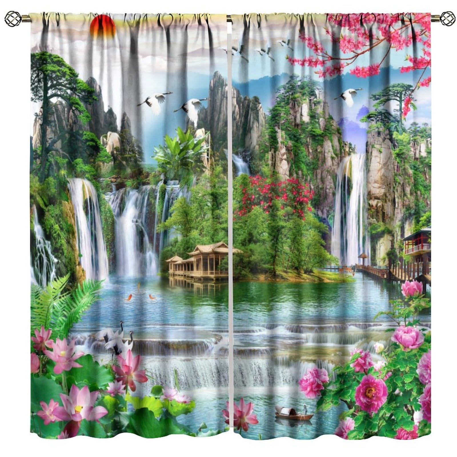 GoDazzling Waterfall Blackout Curtains, Forest Waterfall Rocky Lotus Fish Landscapes Print Window Drapes, for Living Room Bedroom 55" W X 63" L