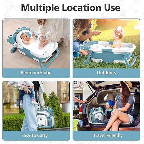 Miniatura 7 de Bañera plegable para bebés para recién nacidos con termómetro y cojín flotante suave, portátil y plegable, bañera de viaje para bebés y niños