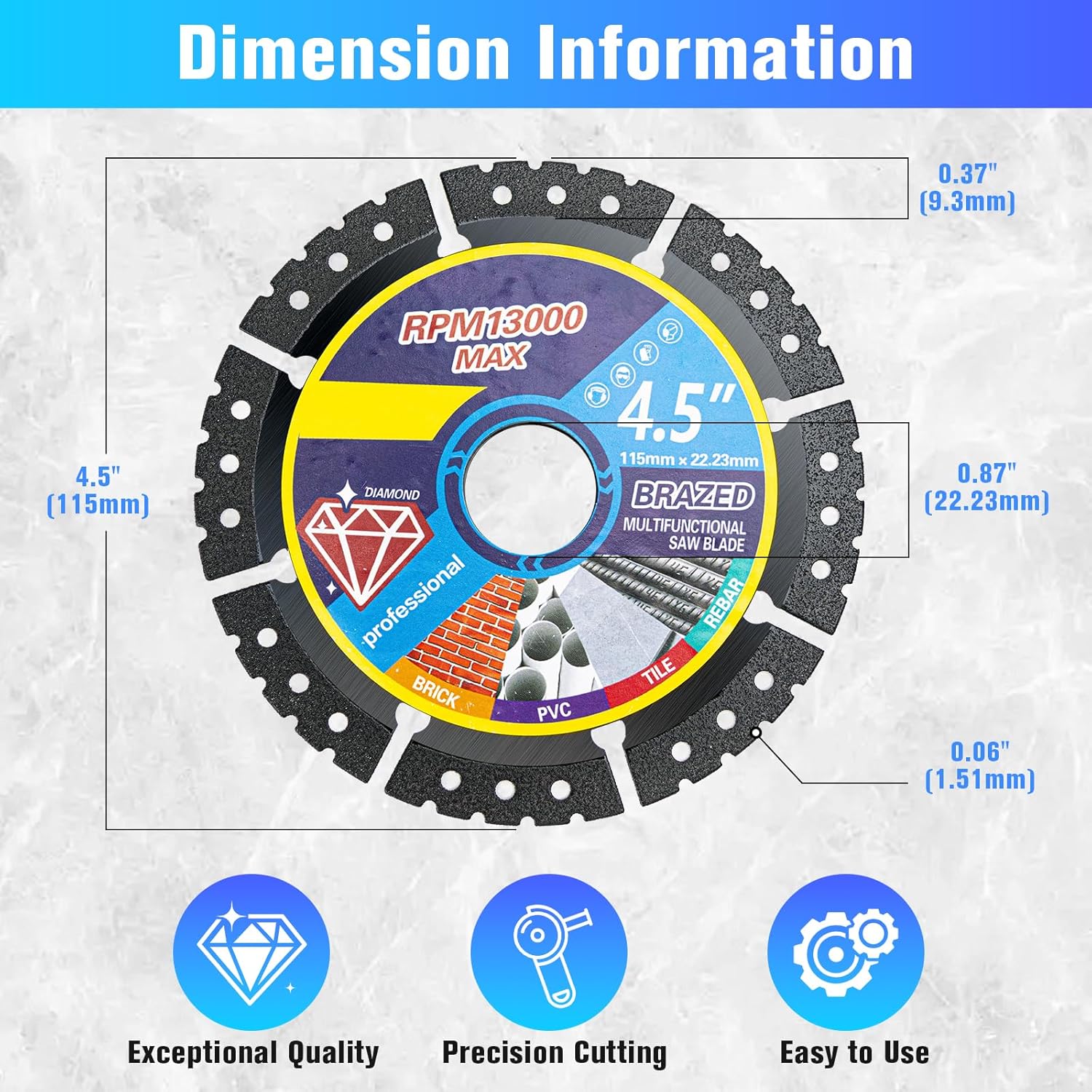 4.5" Diamond Multi-Purpose Saw Blade Set: Heavy-Duty Angle Grinder Wheels, Angle Grinder Attachments, Diamond Abrasive for High Durability, Suitable for Cutting Marble/Tiles/Metal (3 Pcs)