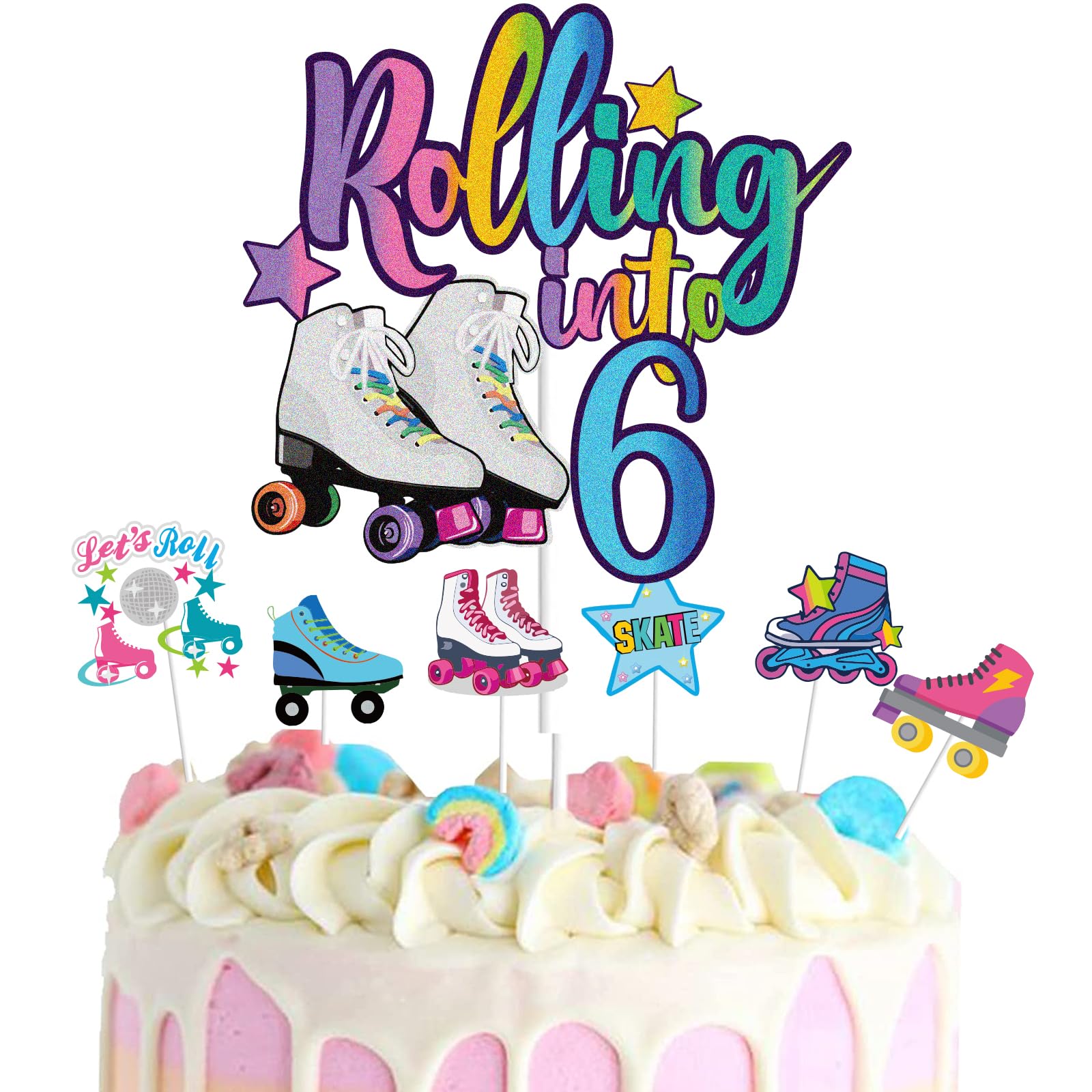 WINPOGEE 7Pcs Rolling into 6 Theme Cake Toppers Sets Roller Skate Happy 6th Birthday Themed Set Cake Decoration Girls Club Rolling 6 Years Old