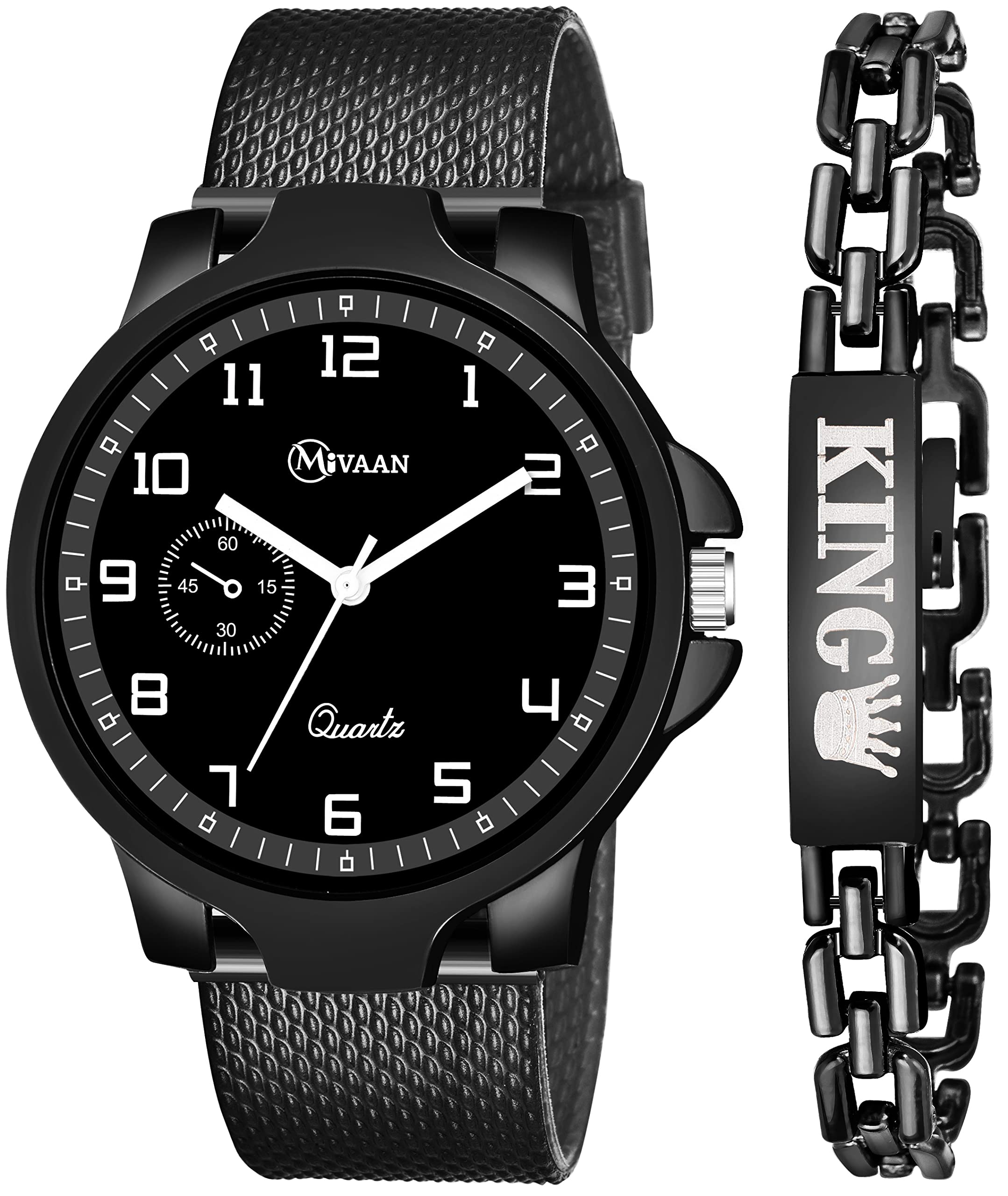 MIVAAN Analogue Black Dial PU Watch & King Bracelet Boys & Men| Luxury, Casual, Party-Wear, Party Celebration (Pack of 1, Black) (B0B1MXCG8V) Amazon Price History, Amazon Price Tracker