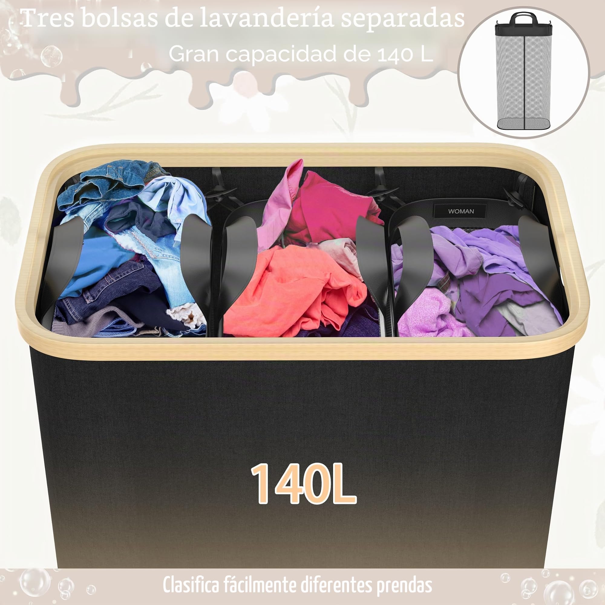 Froadp Cesto para la colada con 3 compartimentos, 140 L, plegable, con tapa, para baño y dormitorio, cesta resistente con asas, 3 bolsas de lavandería lavables (negro)