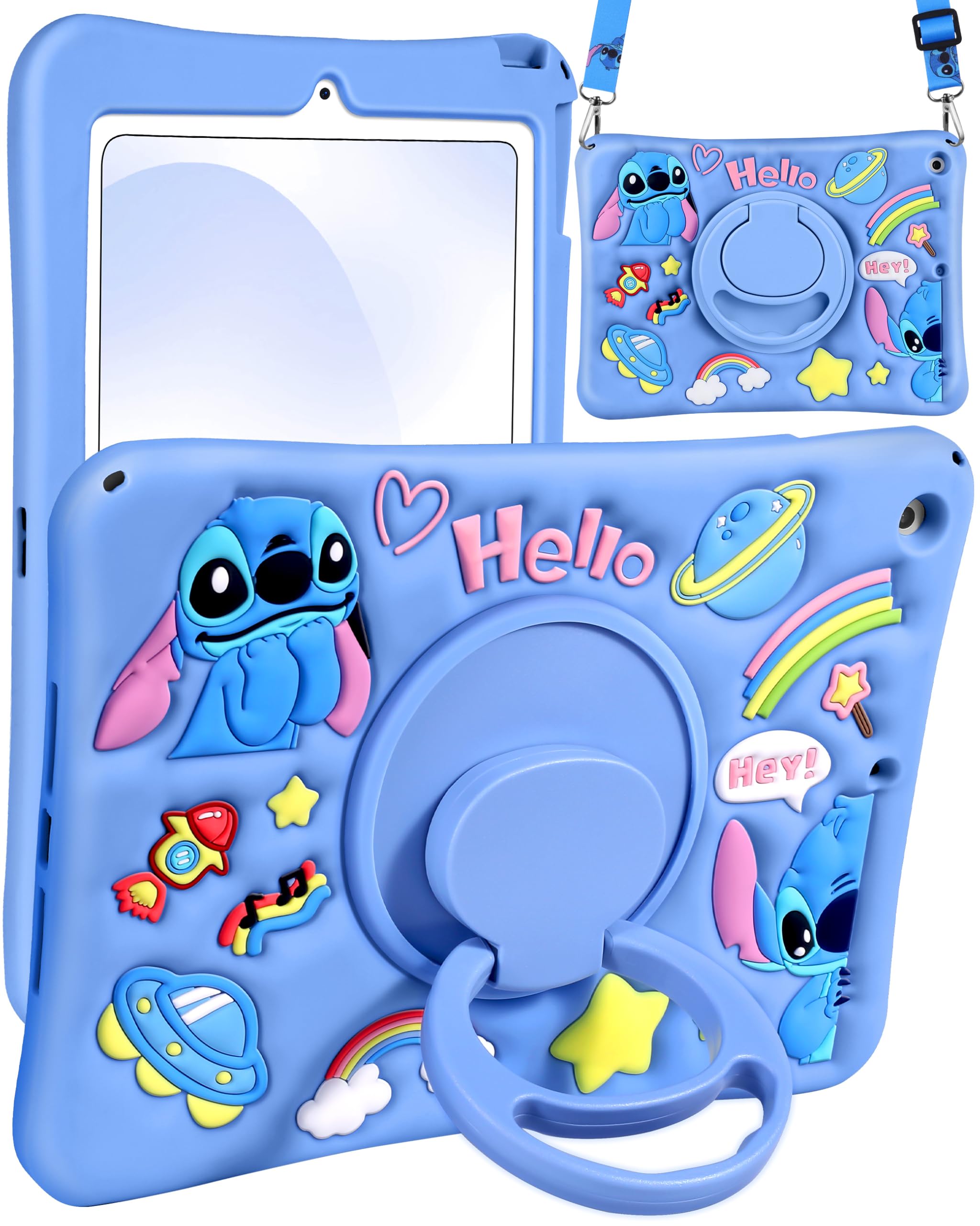 Photo 1 of JoySolar for iPad 9th/8th/7th Case 10.2 inch - for iPad (2021/2020/2019) Soft Silicone Cute Cartoon Tablet Case with Rotating Stand & Detachable Shoulder Strap, Shockproof for Kids Boys Girls, Blue