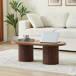 AVZEAR Oval Fluted Coffee Table for Living Room, Mid Century Modern Coffee Table with Fluted Legs, Curved Round Wooden Center Table for Home, Office, Cafe, Vintage Walnut (39.38" x 19.69" x 13.78")
