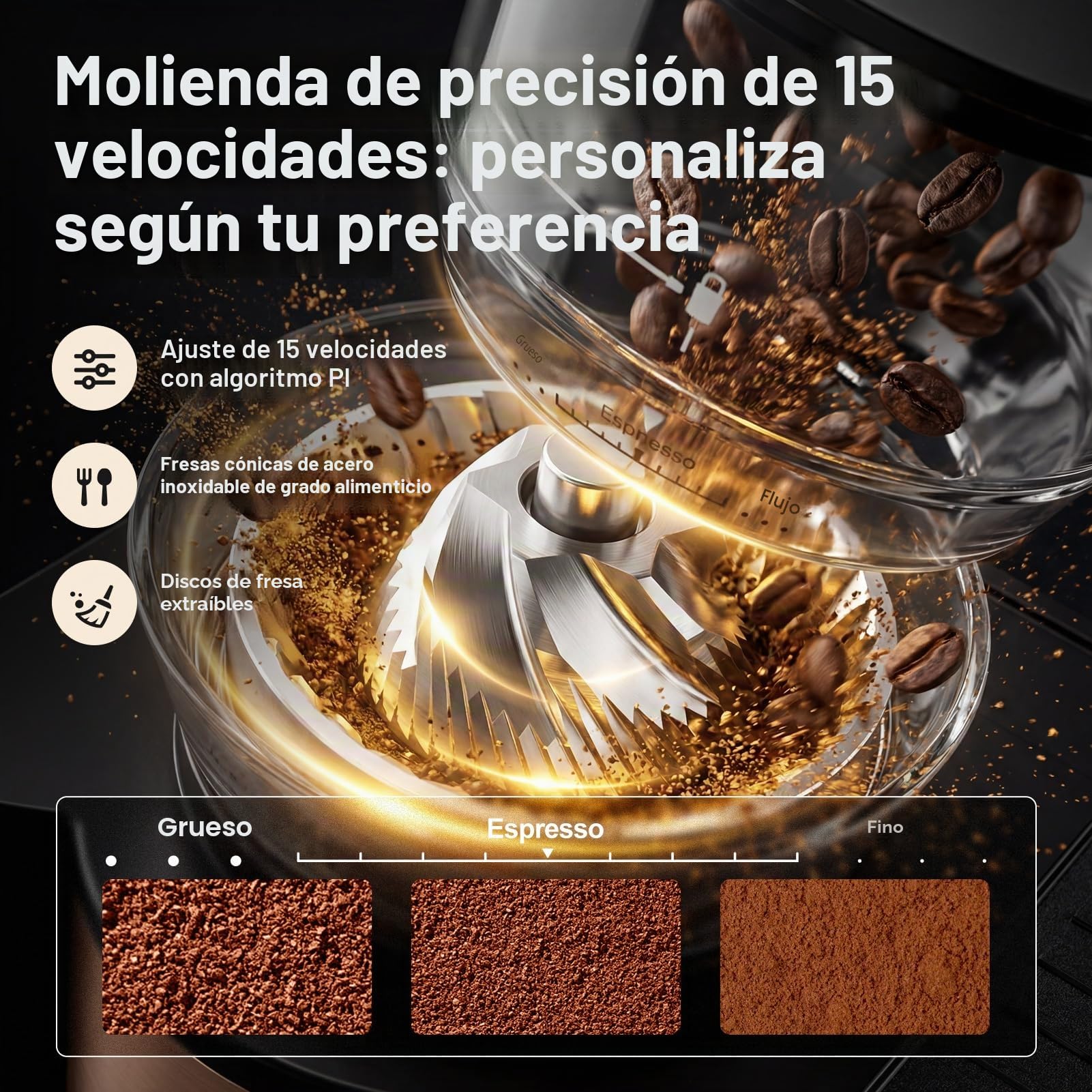 TJEAN Barista Senso – Cafetera Doble Bomba para Café en Grano con Molinillo Integrado, Espresso, Latte y Capuchino con Sistema de Tampado Inteligente, Espumador de Leche Manual (Negro Rosa)