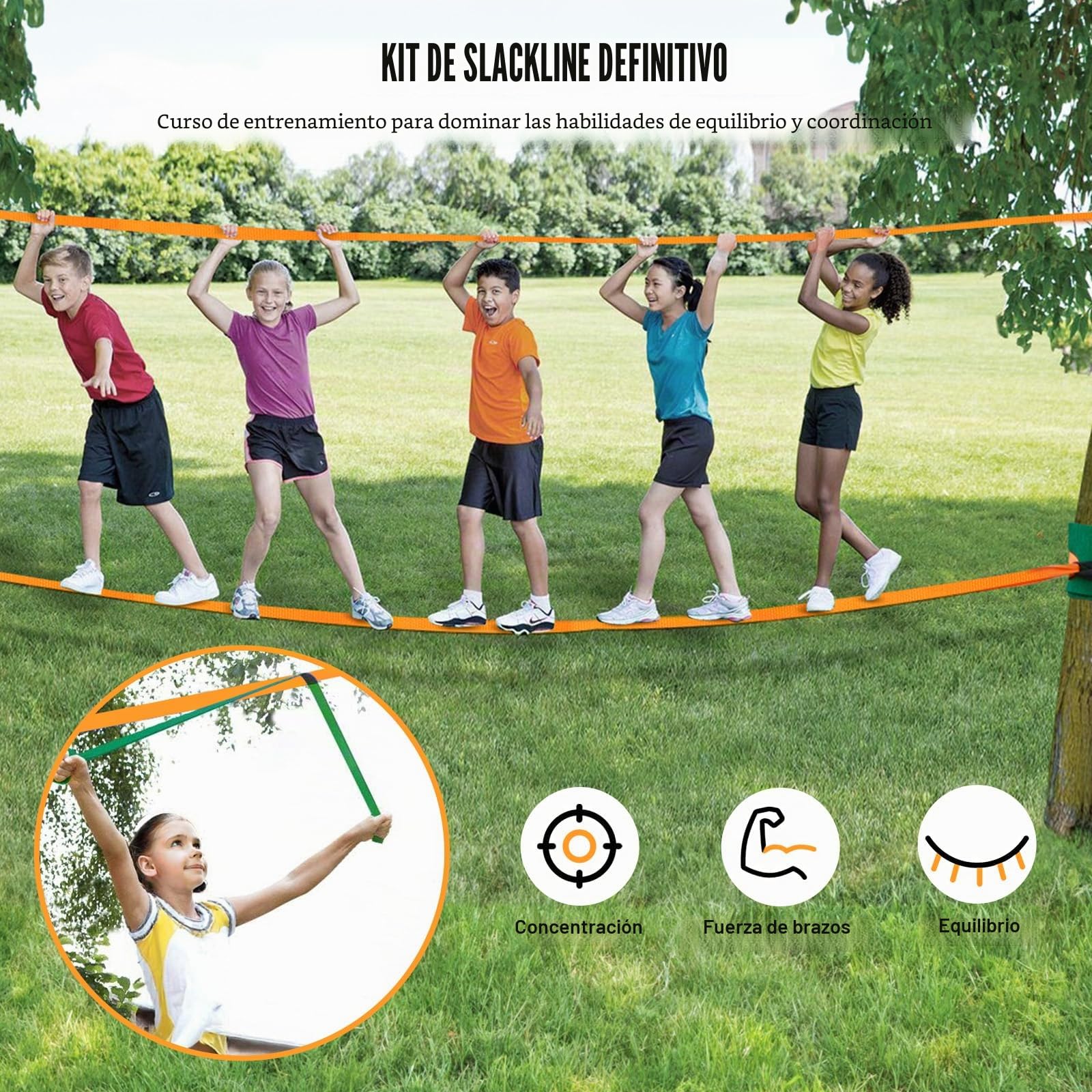 VEVOR Correa de Equilibrio de 60 pies Carga 500 libras Juego Completo con Protector de Árbol Entrenador de Brazo Curso de Equilibrio de Fácil Configuración para Niños Adultos Principiantes y Avanzados