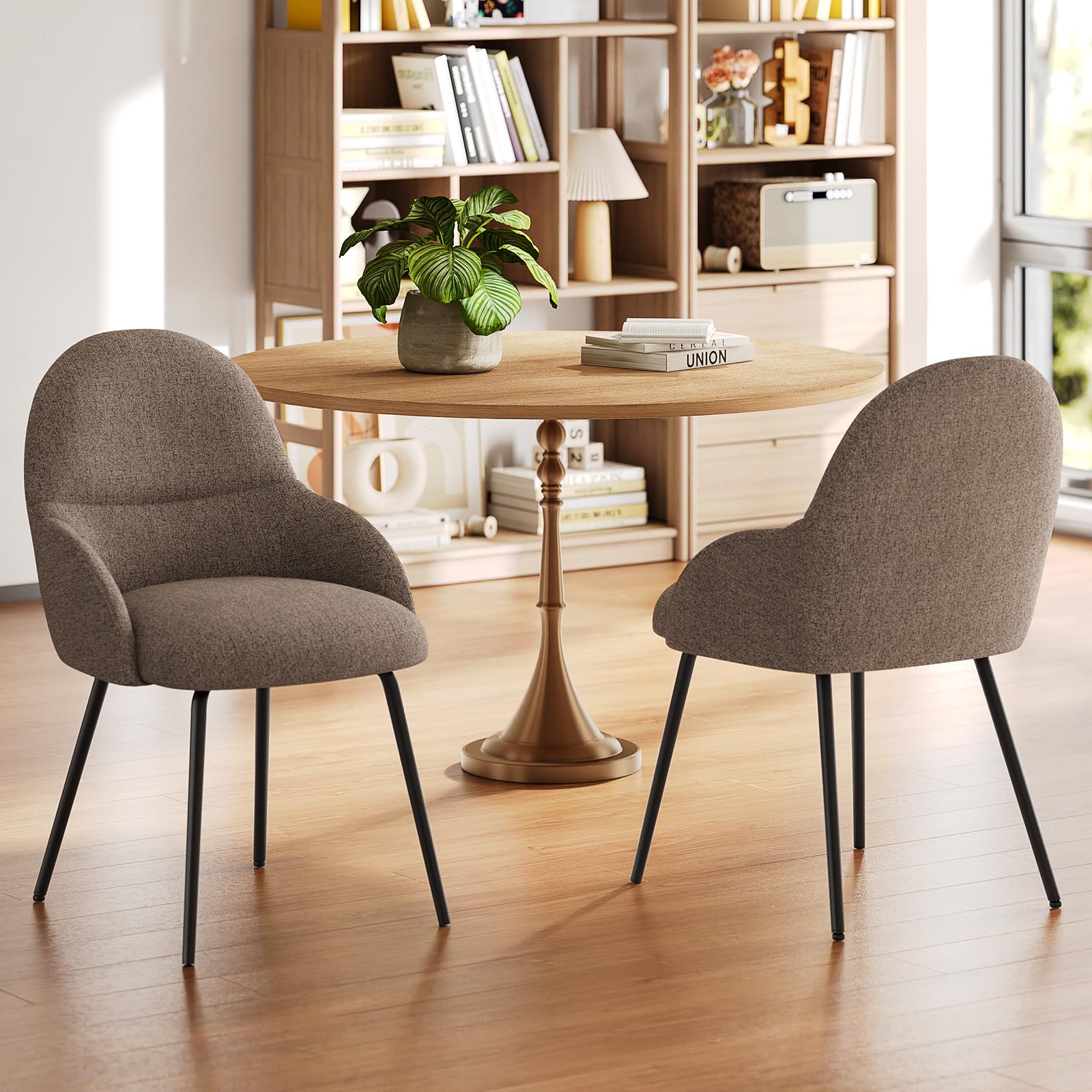 Salle à Manger Lot De 6 Chaises Design en Lin Marron, Assise RembourréE Spacieuse avec Accoudoirs, Pieds en MéTal Solides, AdaptéEs pour Cuisine Et Salon