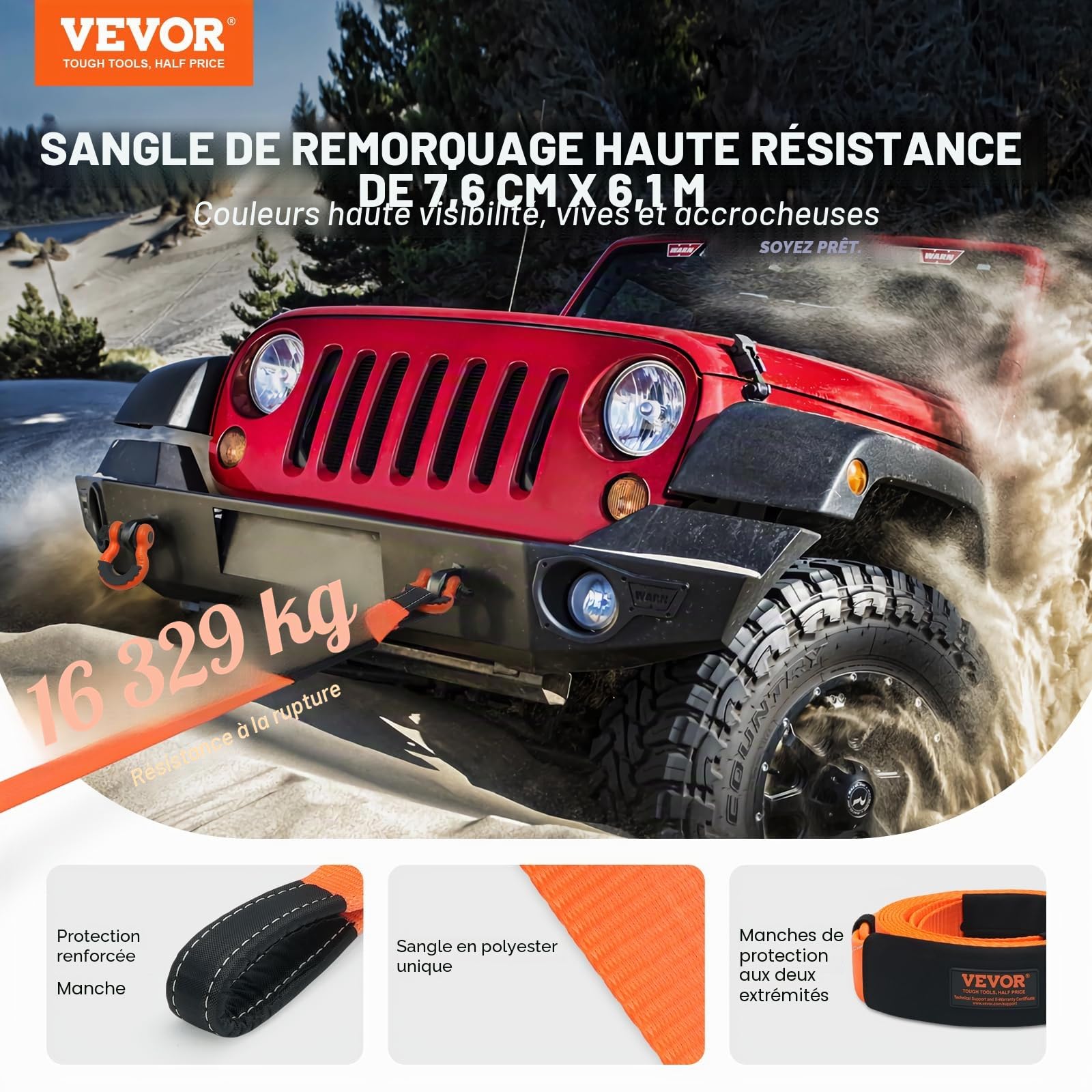 VEVOR Sangle de remorquage robuste, 76,2 mm x 6.1 m, corde de treuil pour sauve-arbre, 16329 kg, boucle triple renforcée, manchons de protection, sac de rangement, manilles à anneau D, camion Jeep SUV