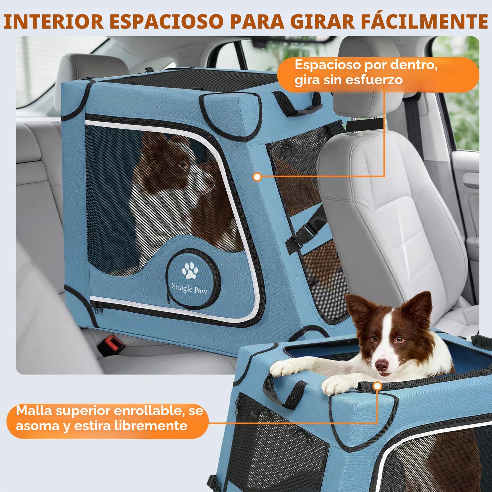 Snagle Paw Jaula portátil para perros para viajes en coche, armazón de metal para mascotas, transportín para mascotas para asiento trasero de coche, se asegura con correa para reposacabezas y cinturón