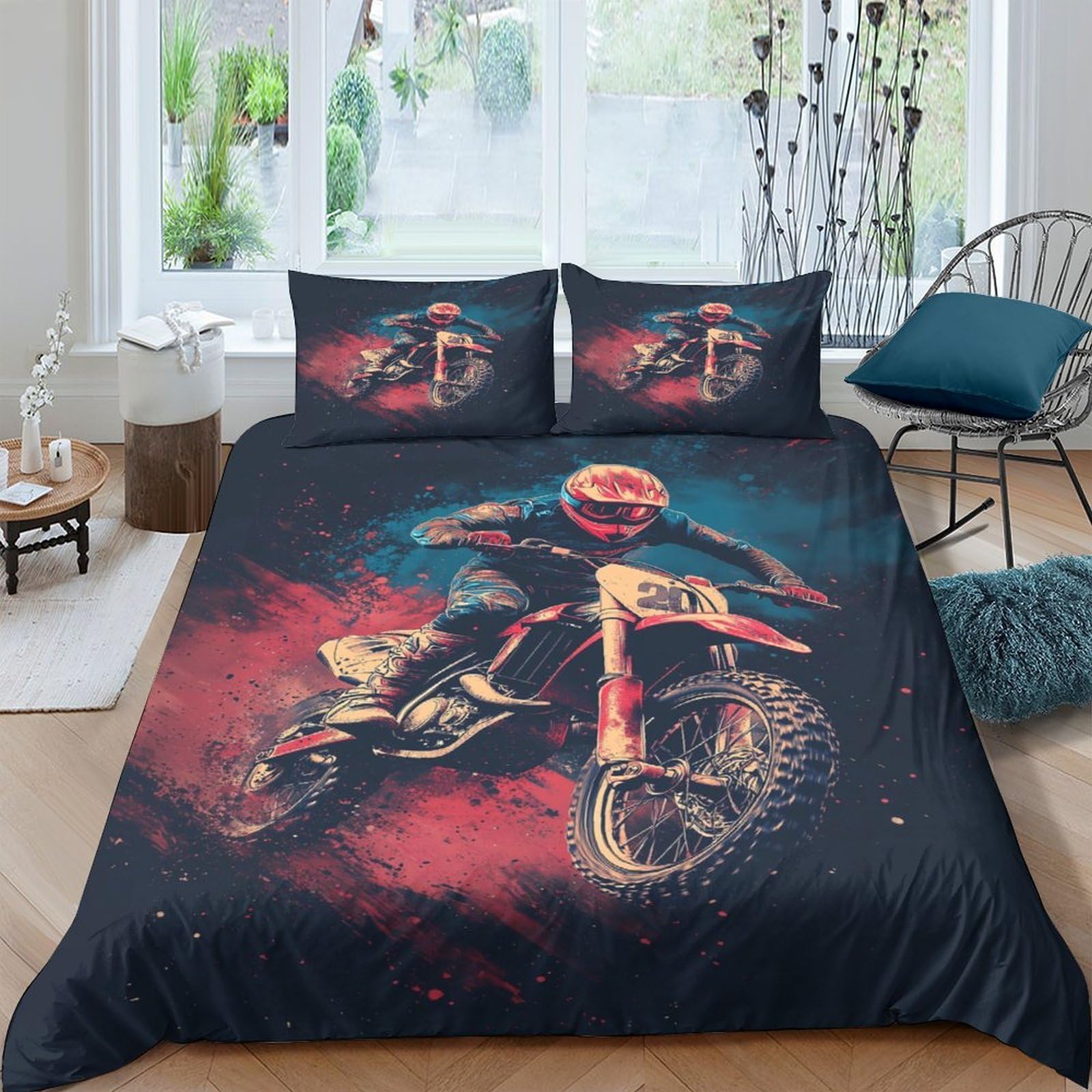 GPLZQXKJNH 3D Printed Motocross Racing Duvet Cover Microfiber Soft Breathable Dirt Bike Bedding Set with 2 Pillowcases for Bedroom Decor Single（135x200cm）