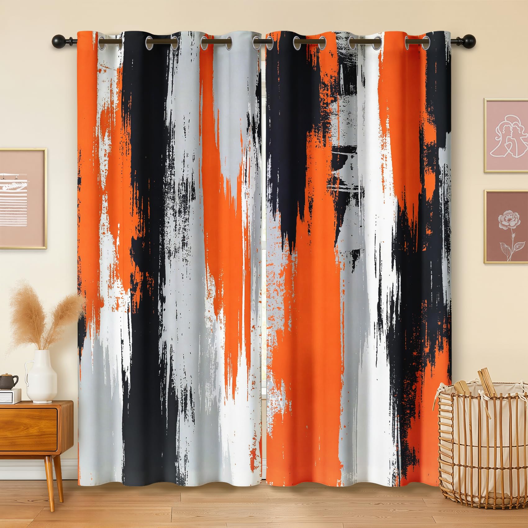 Havenix Orange and Grey Abstract Blackout Curtains for Bedroom Living Room, Modern Art Patterned Curtains 66x54, Thermal Insulated Eyelet Drapes for Windows, 2 Panels