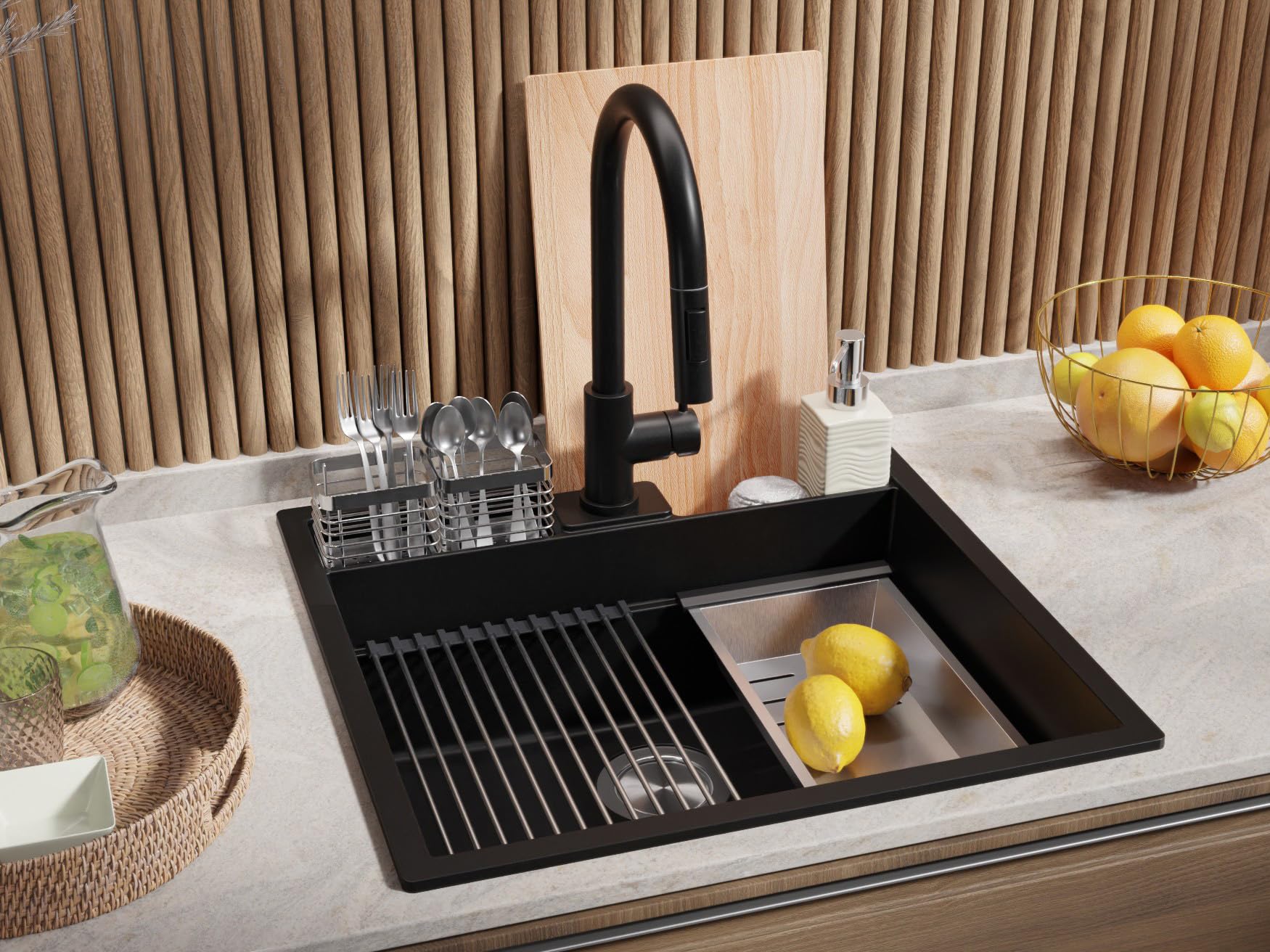 PRIMAGRAN Evier Cuisine en Granit au Meuble 60cm + Robinet, 56x54cm