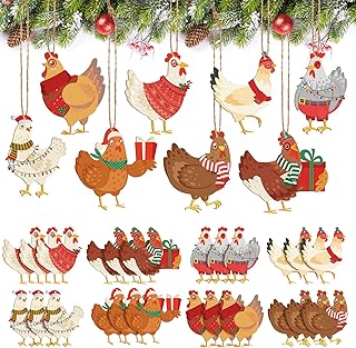 24 Pcs Christmas Chicken Ornament Set Wood Christmas Scarf Chicken Pendant Decorative Hanging Ornaments Farm Animal Ornaments Wooden Home Decor for Outdoor Xmas Tree Festival Party Decor