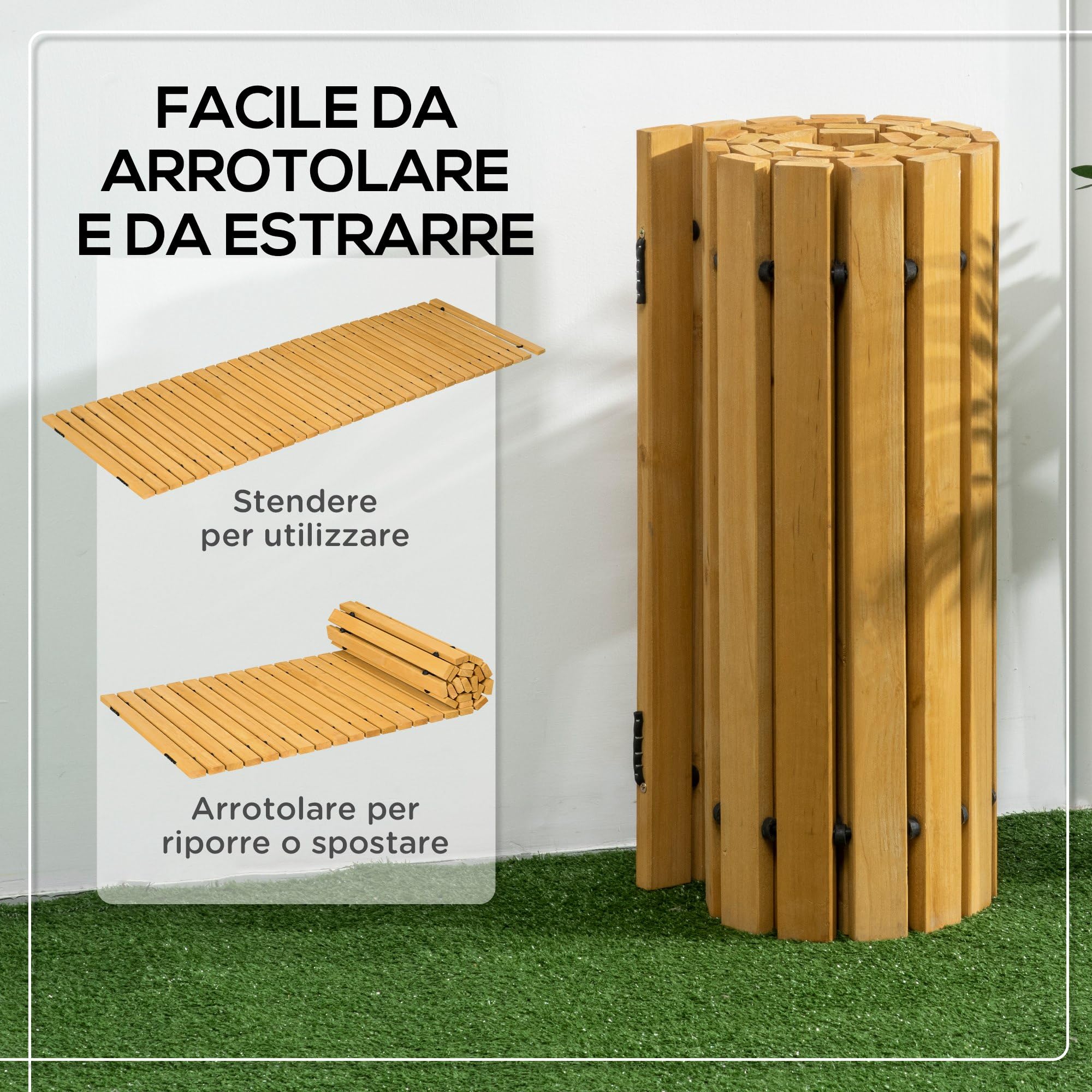Outsunny Passerella per Giardino a Doghe Arrotolabili e Semi Flessibile, Vialetto Giardino in Legno di Abete, Sentiero da Esterno di Legno, 185x60 cm, Giallo