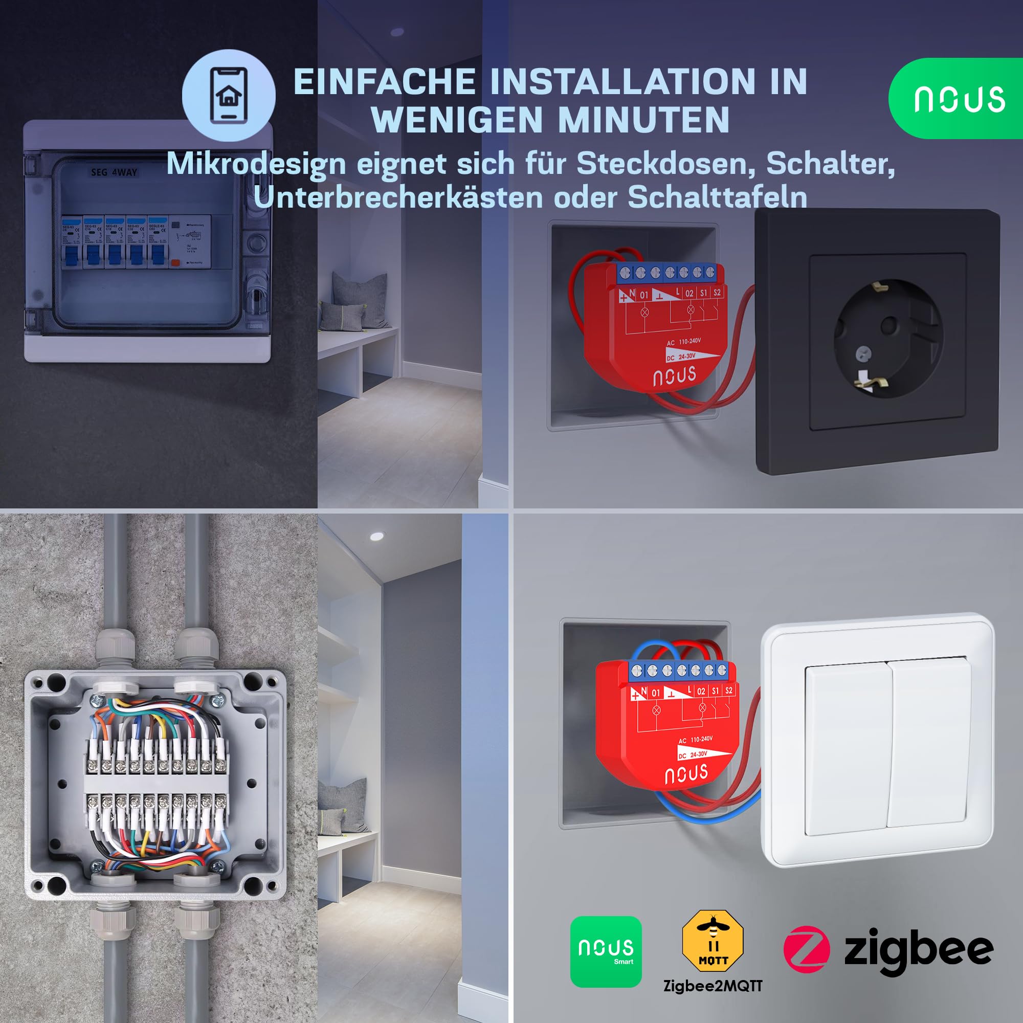 NOUS Module Interrupteur Intelligent ZigBee avec Mesure de Puissance, 2 Canaux, AC 16A/DC 10A, 3.0 Hub Requis, Compatible avec Alexa, Zigbee2MQTT, Google Assistant, Home Assistant, Tuya