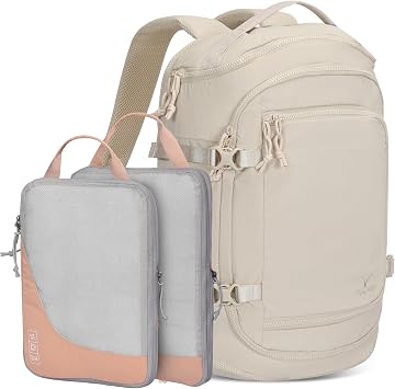 Hynes Eagle Travel Laptop Backpack 16 inches Lightweight Flight Approved Carry on Personal Item Bag Weekender Bag Daypack 20L Beige with Compression Packing Cubes Set 2PCS Light Pink