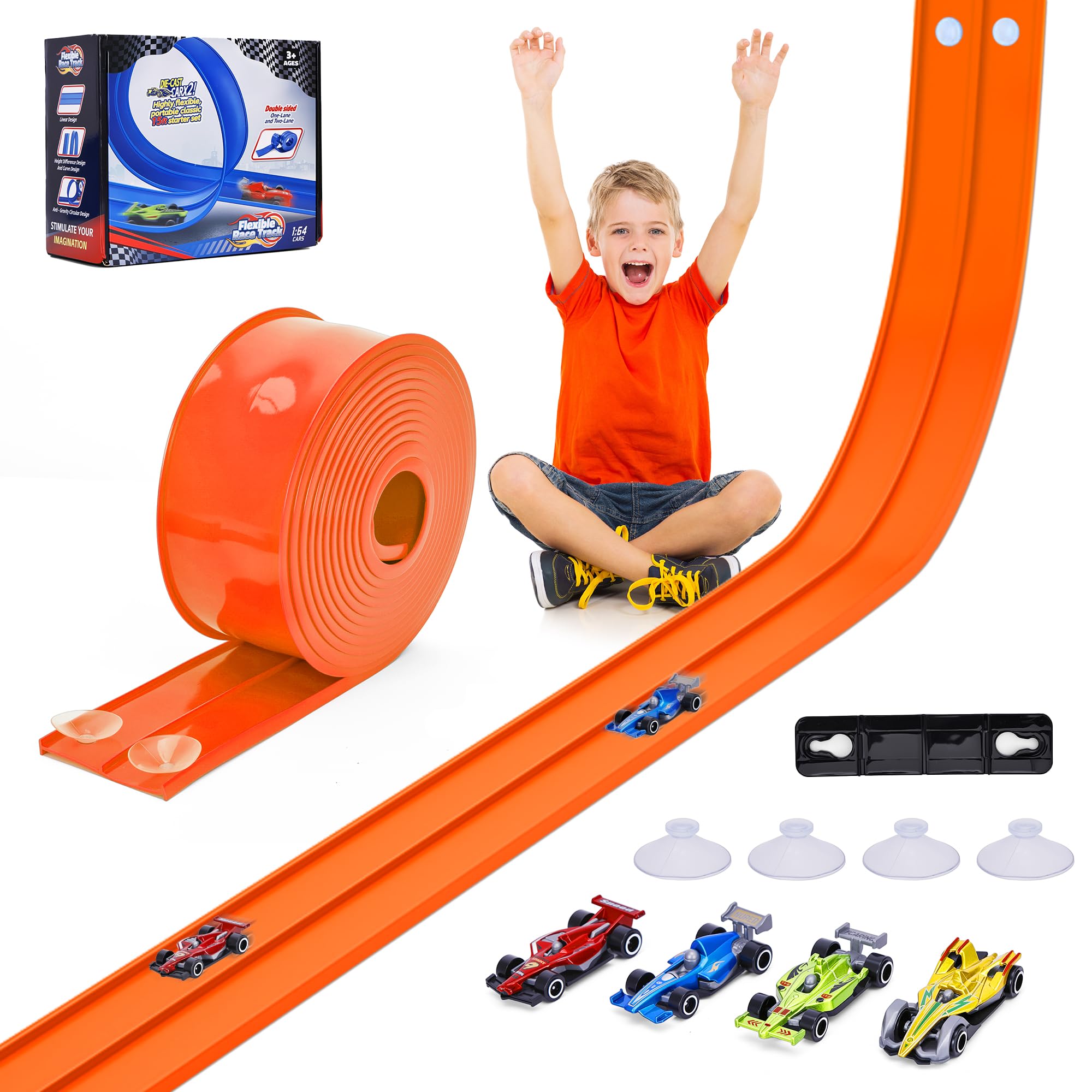 4.5m Flexible Race Car Track for Kids, Double-Sided Racetrack and Dual Racetrack,Compatible with 1:64 Diecast Cars, Portable Roll Up Track Toy for 3 4 5 6 7 8 Year Old Boys (Orange)