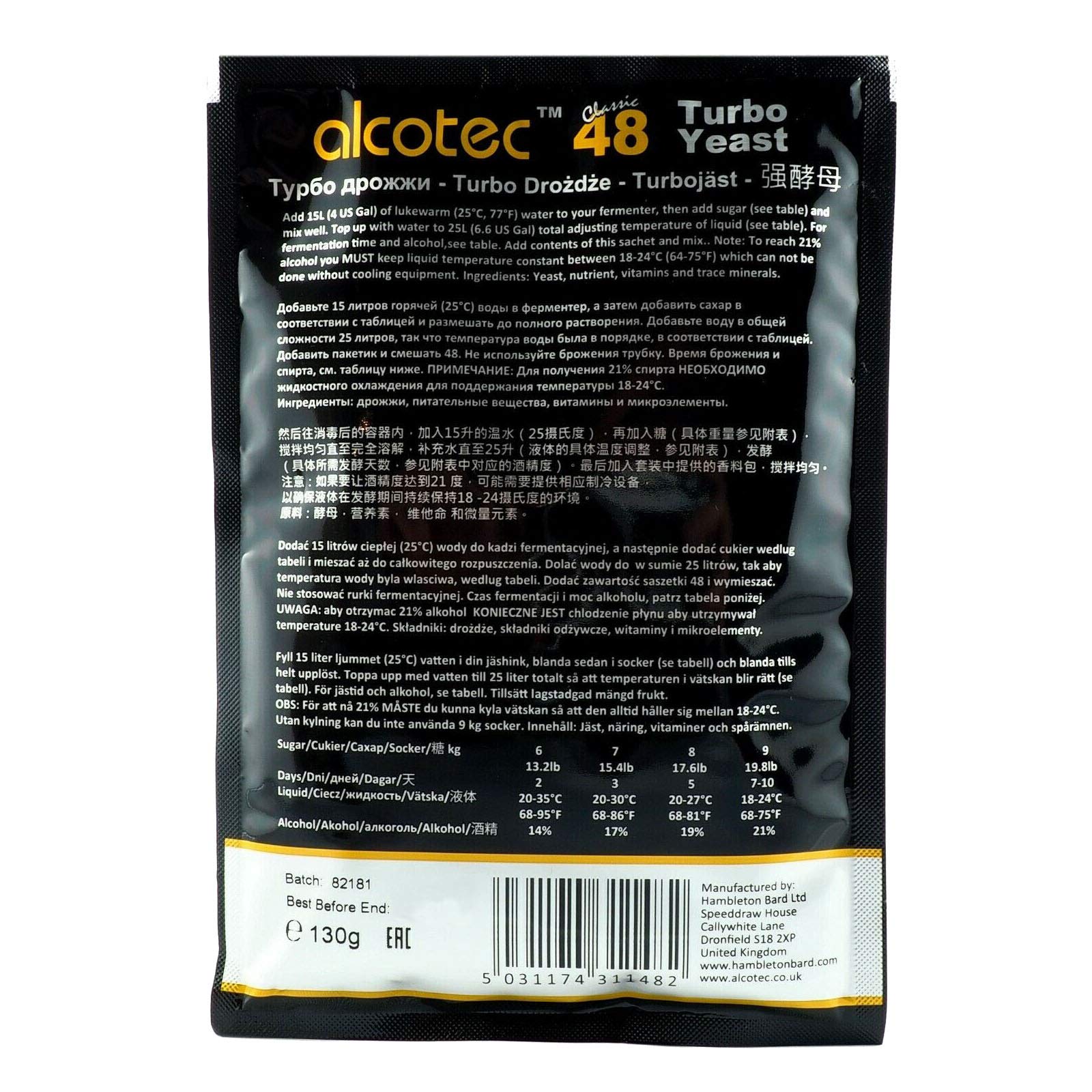 10 x Alcotec Classic 48 - Levadura Turbo, Levadura de Vodka, Levadura para Puré