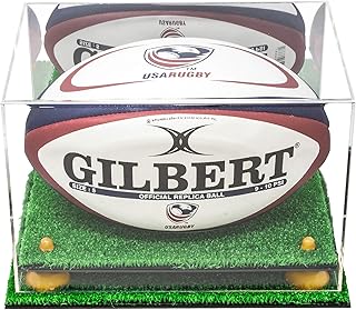 Better Display Cases Acrylic Rugby Ball Display Case with Mirror, Yellow Risers and Turf Base (A004-YR)